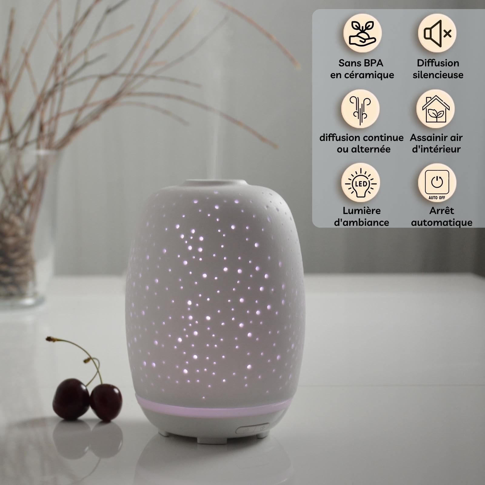 Zen'Aromat dyfuzor olejków eterycznych Stella - ultradźwiękowy dyfuzor aromaterapia na zimno - wielofunkcyjny ceramiczny dyfuzor elektryczny - kolorowe oświetlenie LED - automatyczne wyłączanie