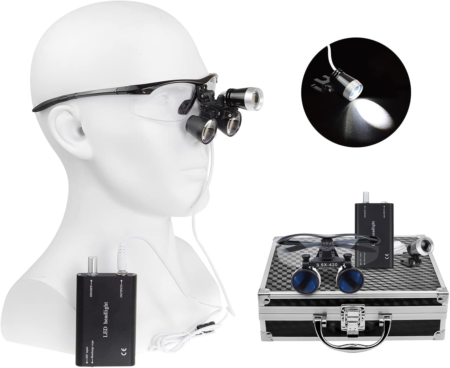Black3.5X420CM Loupes Magnifying Glasses Working Distance 16inches/420mm with HeadLamp Aluminum Box