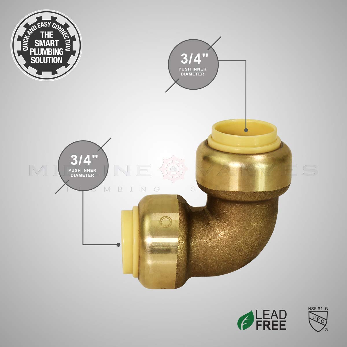 3/4 Inch Brass 90 Degree Elbow Push Connector - For PEX, CPVC & Copper Pipes