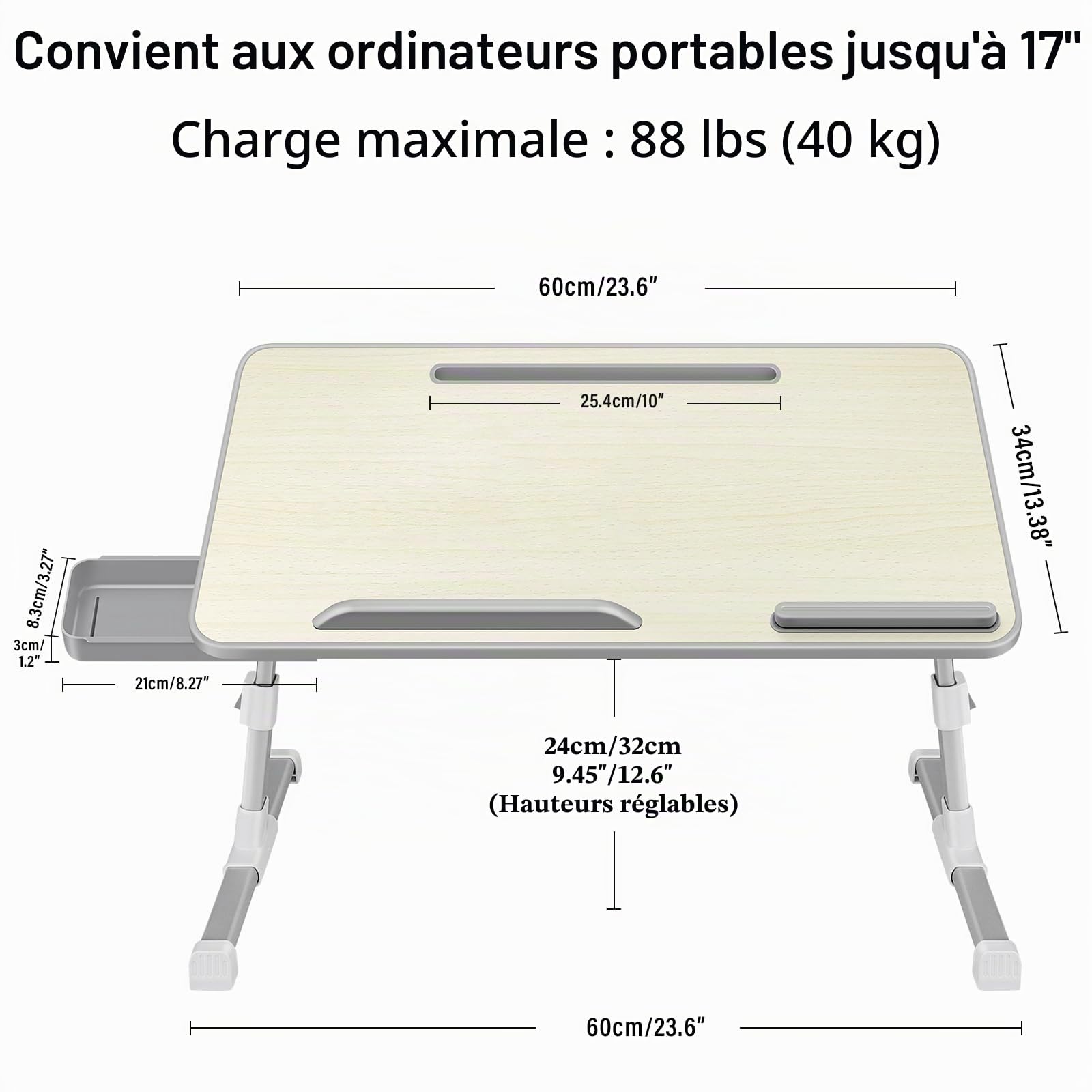 Table de Lit pour Ordinateur Portable, Pliable, Réglable en Hauteur et Angle, Plateau de Lit avec Tiroir/Fente pour Tablette, Table pour Canapé, Sol (60 x 34 cm, Beige)