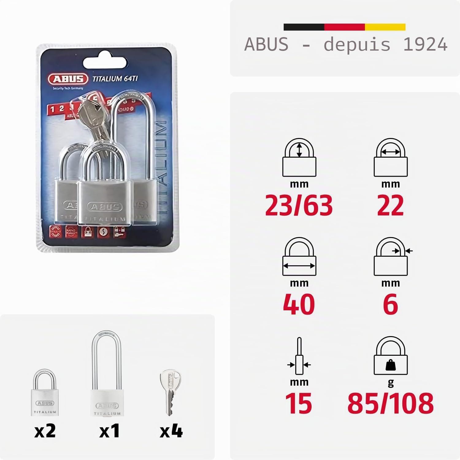 ABUS Titalium 64TI/40 + HB63 - Jeu de 3, même combinaison - Cadenas de cave avec corps de serrure en aluminium spécial - anse en acier trempé - de sécurité ABUS 5