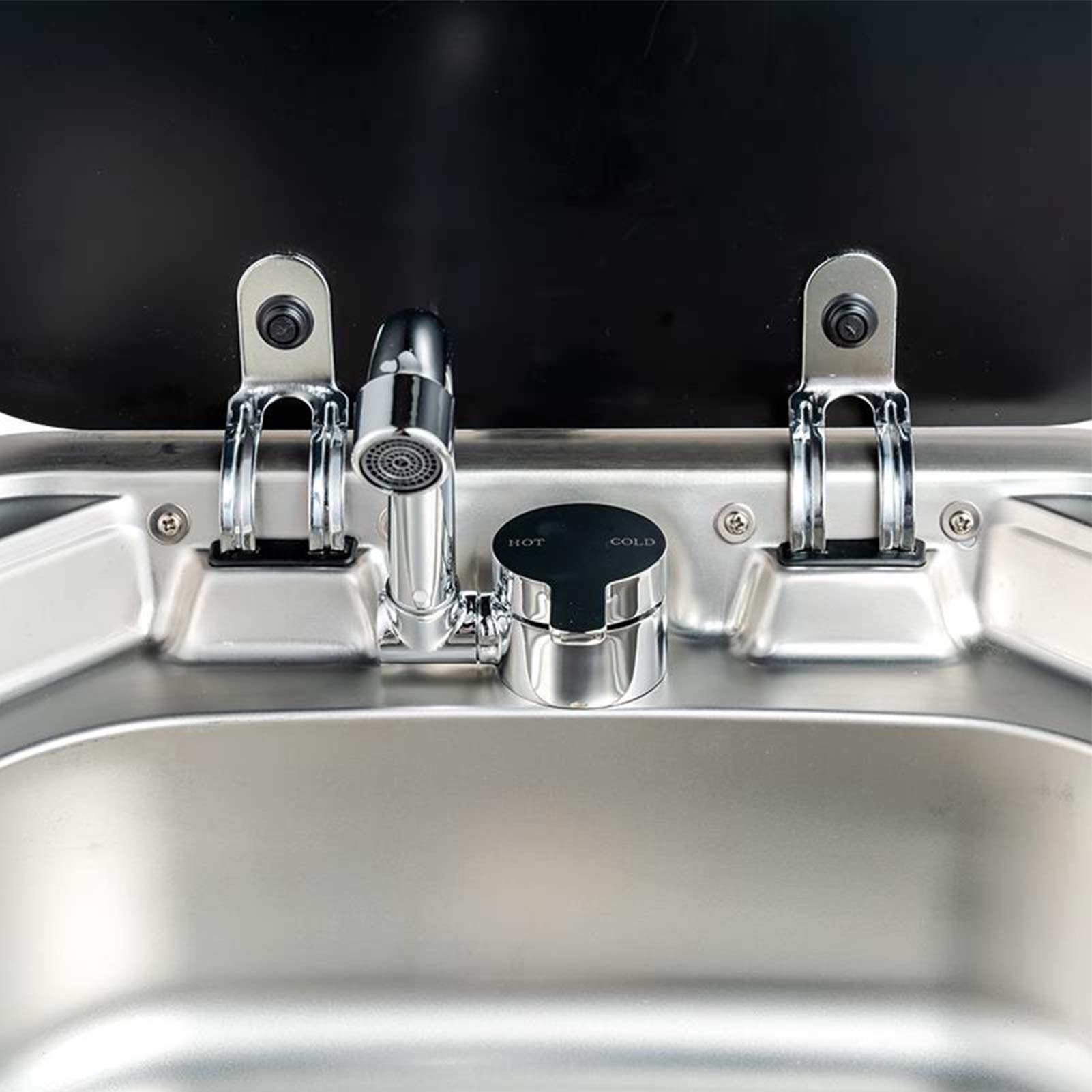 Grifo plegable para autocaravanas – giratorio 360° – Acero inoxidable – Pulido – Plata Metálica – Grifo de cocina con manguera de entrada de agua fría y caliente – Caravanas, casas flotantes,