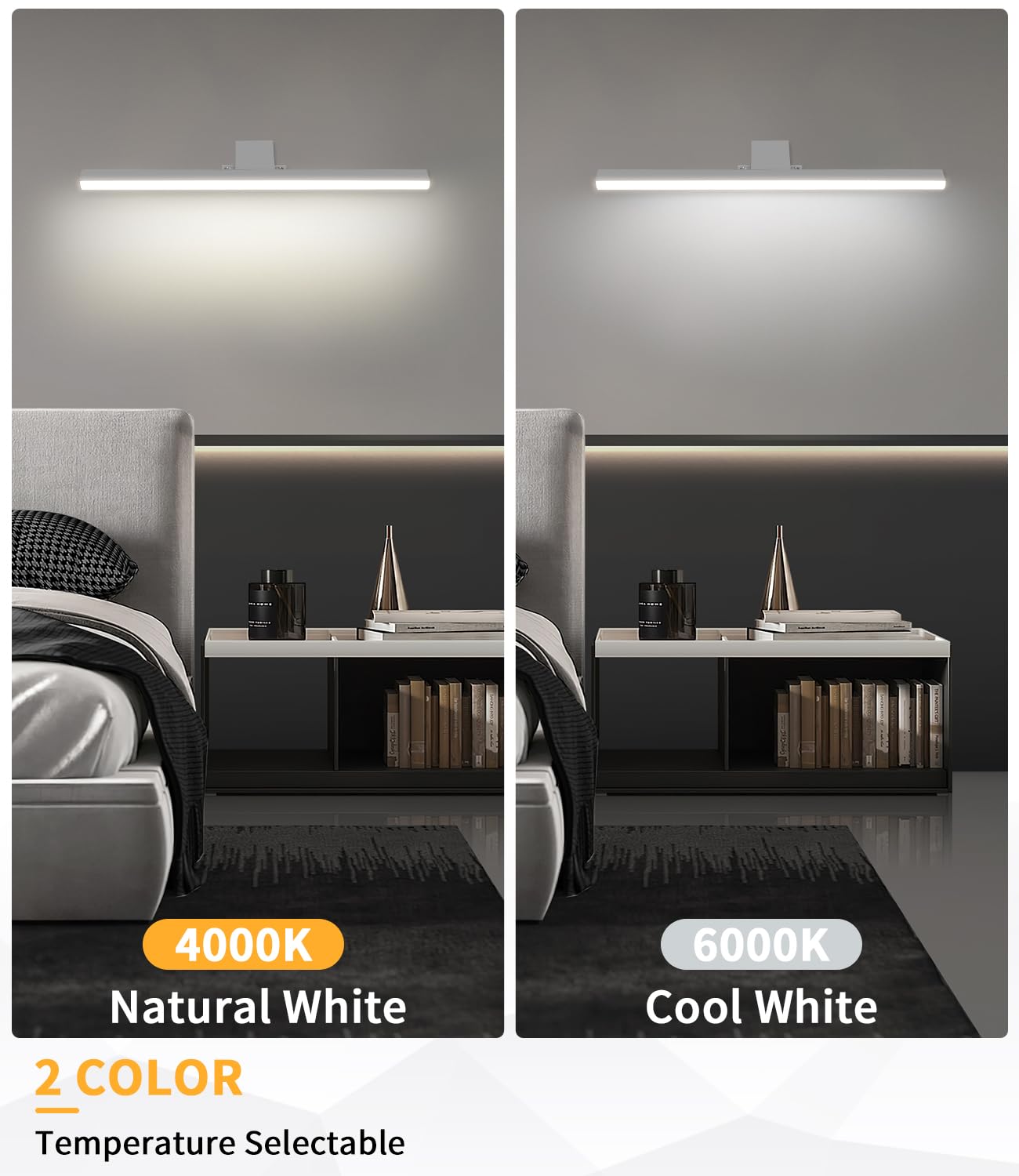 Lampe Miroir Salle de Bain Moderne à LED, 4000K 6000K Température Bicolore, 40cm 12W IP44 Applique Murale Salle Bain en Aluminium avec Interrupteur Câblage, Applique Maquillage Eclairage