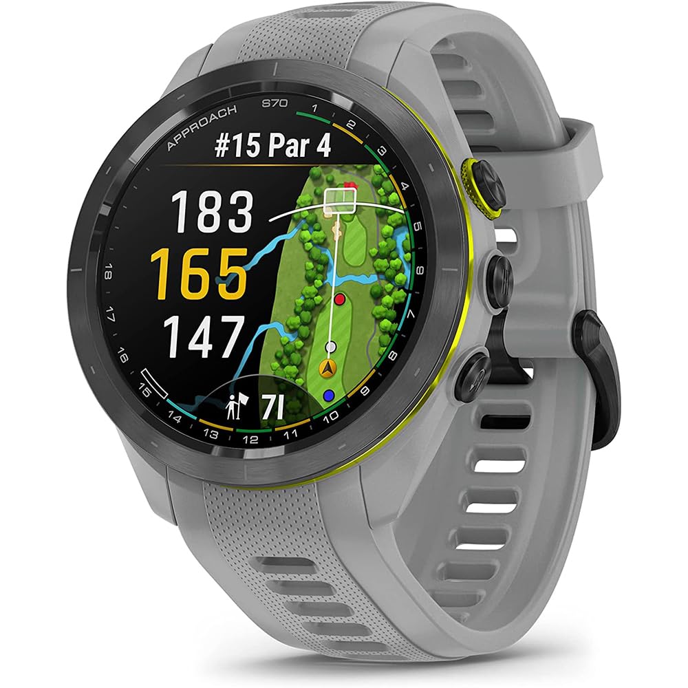 Garmin 010-02746-01 Approach S70 42 mm Premium GPS Golf Watch, Powder Grey Band Bundle with Deco Essentials Charging Dock, 3X Silicone Dust Cover and USB Type C Charging and Sync Cable