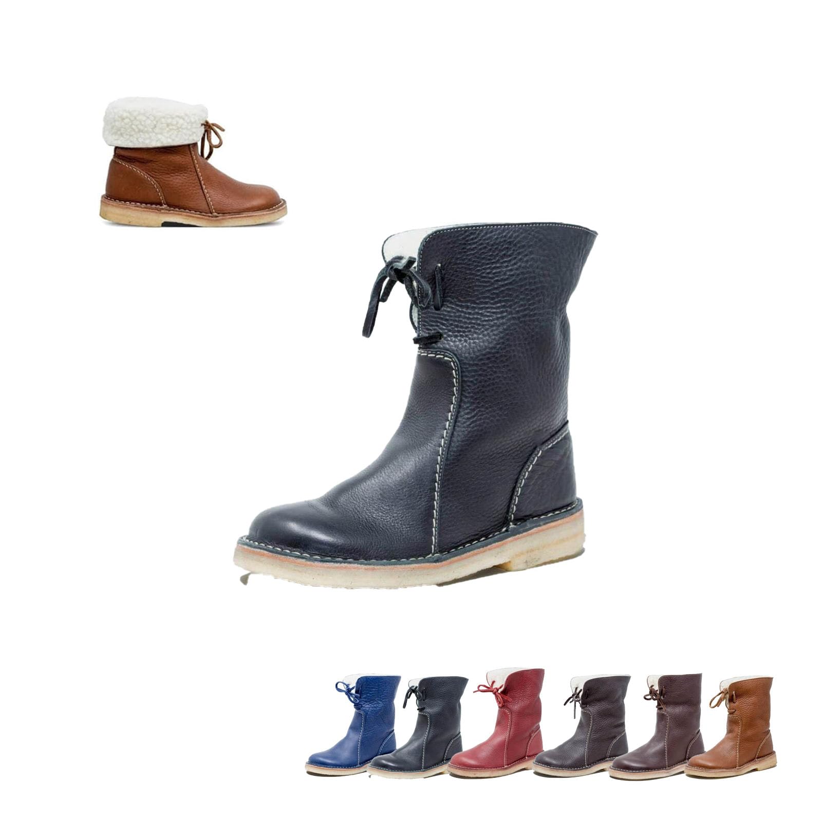 Womens Mid Calf Leather Boots - Warm Fur Lined Low Heel Lace Up Boot Fall Winter Vintage Round