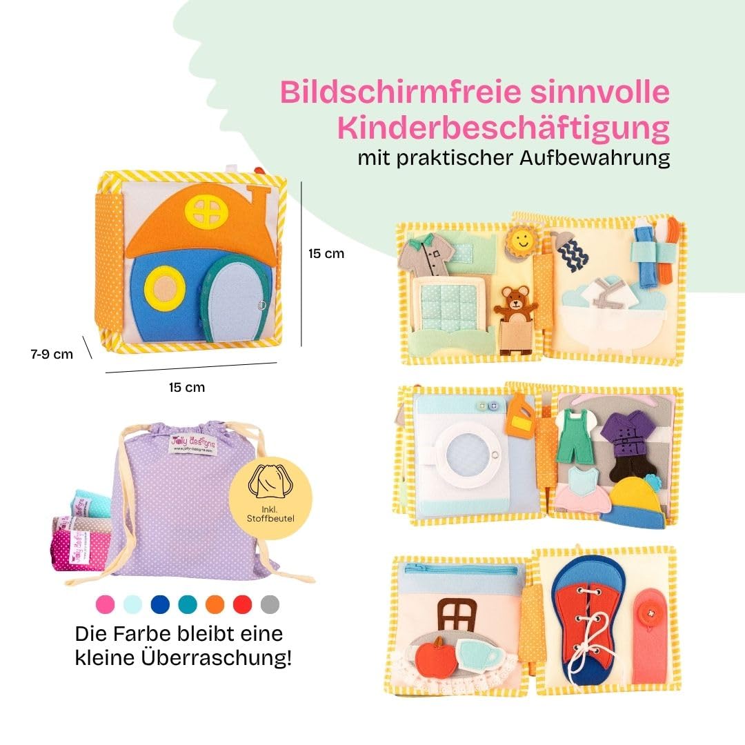 Jolly Designs – Mini Quiet Book Home Sweet Home – Montessori Spielzeug ab 2 Jahren – Motorik & Sensorik fördern – Busy Book aus Filz – Handgefertigtes Filzbuch – Perfekt für unterwegs & Reisen