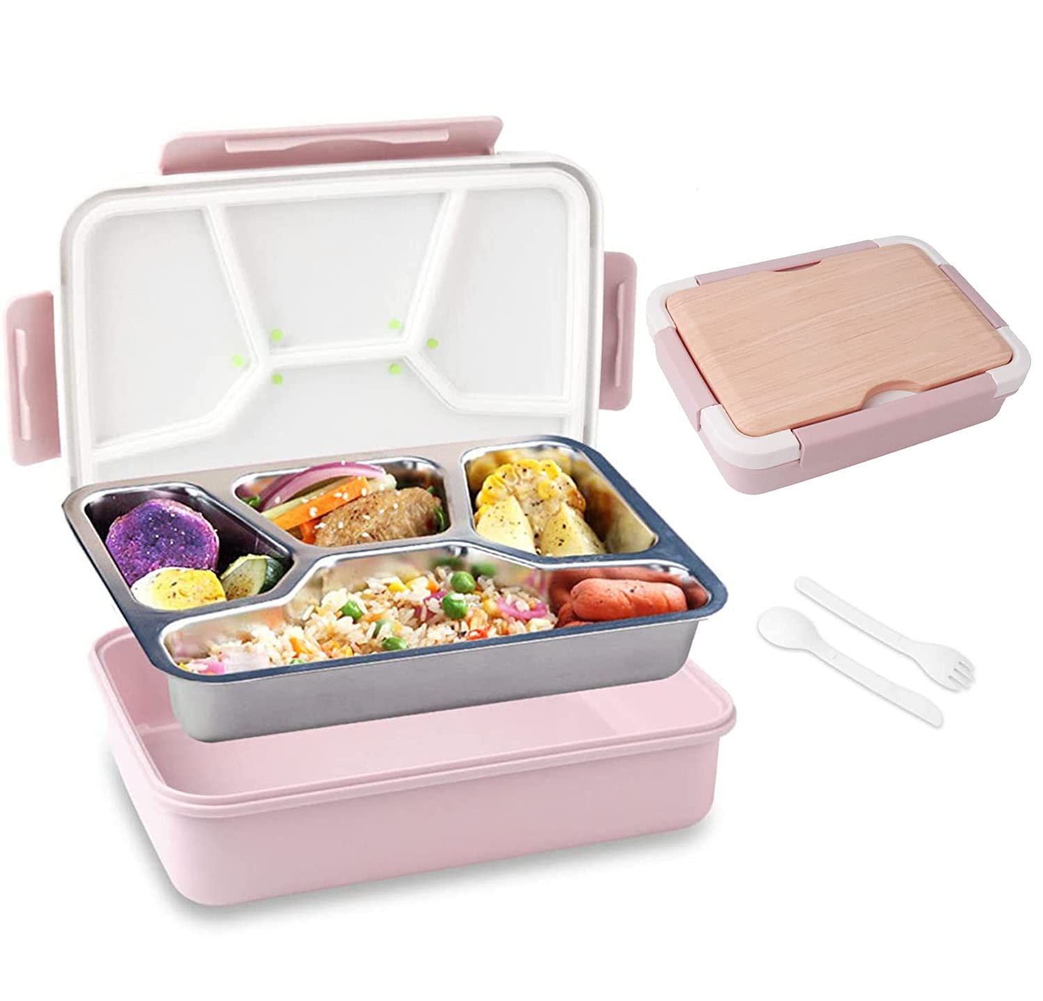 Stainless Steel Bento Box Adult Lunch Box Kids, Leak-Proof Kids/Adult Bento Box Lunch Box Large with Utensils for On-The-Go Meals, Dishwasher Safe, BPA-Free, 4 Compartments (Wood Grain Pink)
