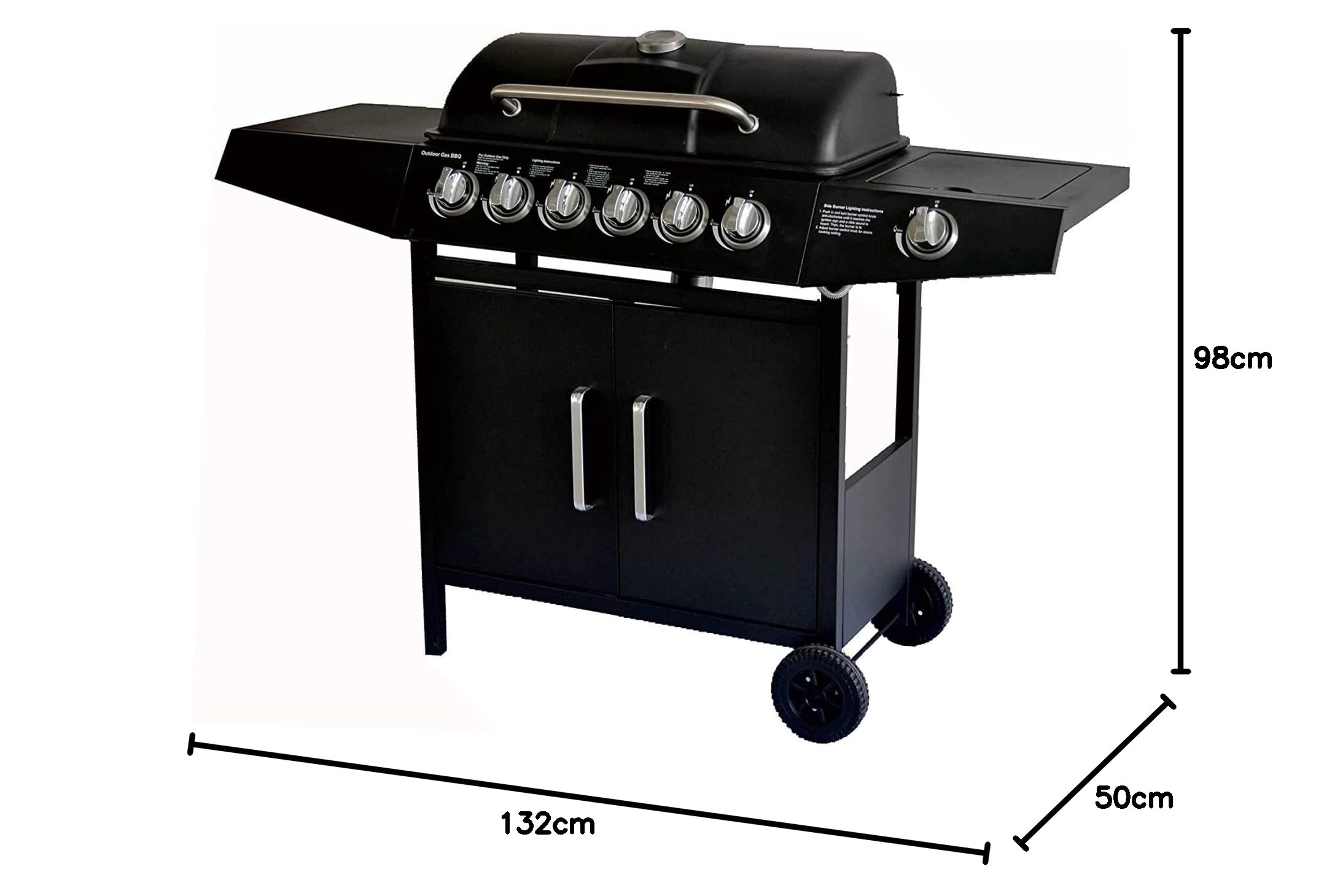 Barbecue 6+1 a gas, con vassoio raccogli olio, tavoli laterali, coperchio e ruote, per giardino, terrazza, campeggio