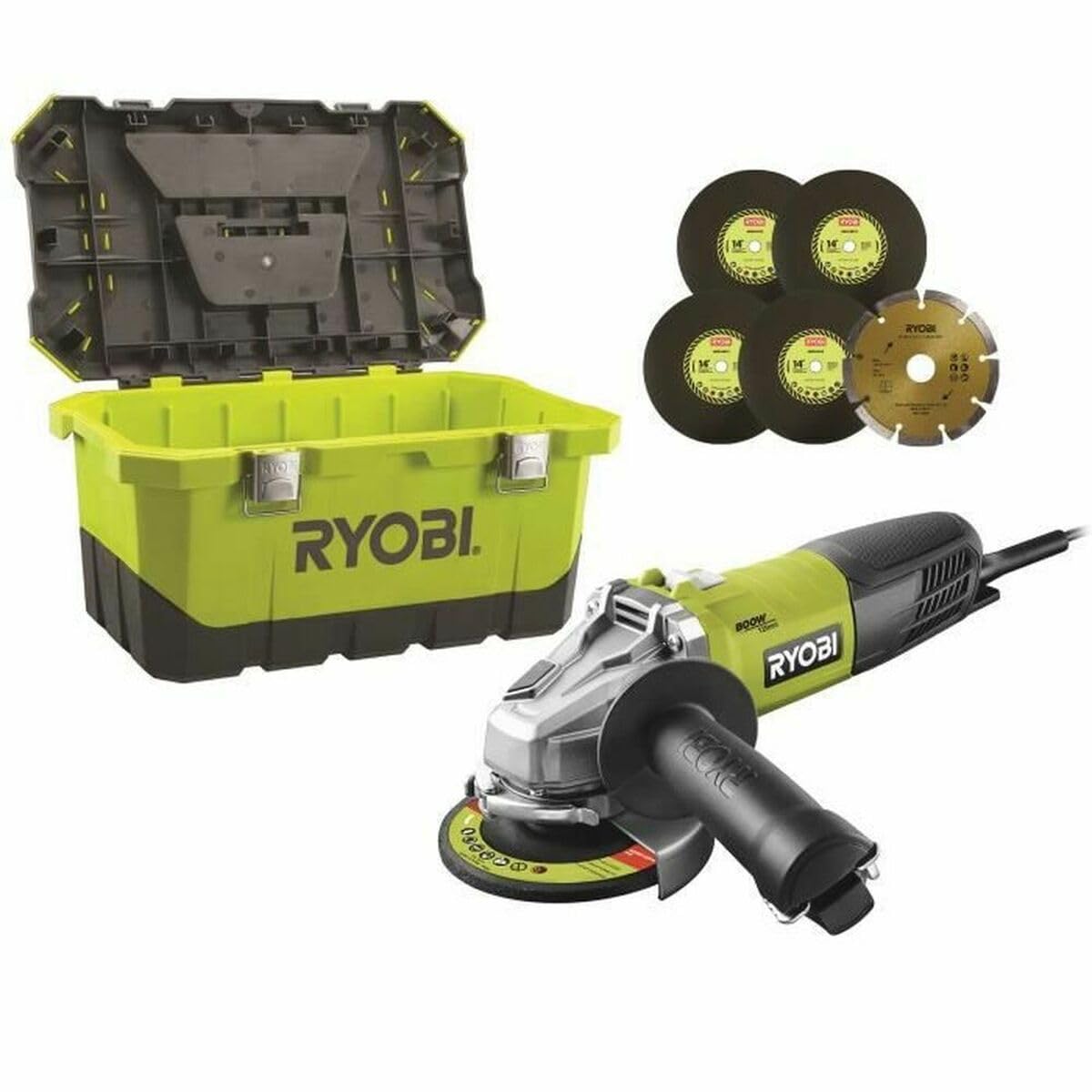 smerigliatrice angolare RYOBI 800W 125 millimetri - Disco 1 diamante - 5 dischi per sbavare - Toolbox RAG800-125TA6