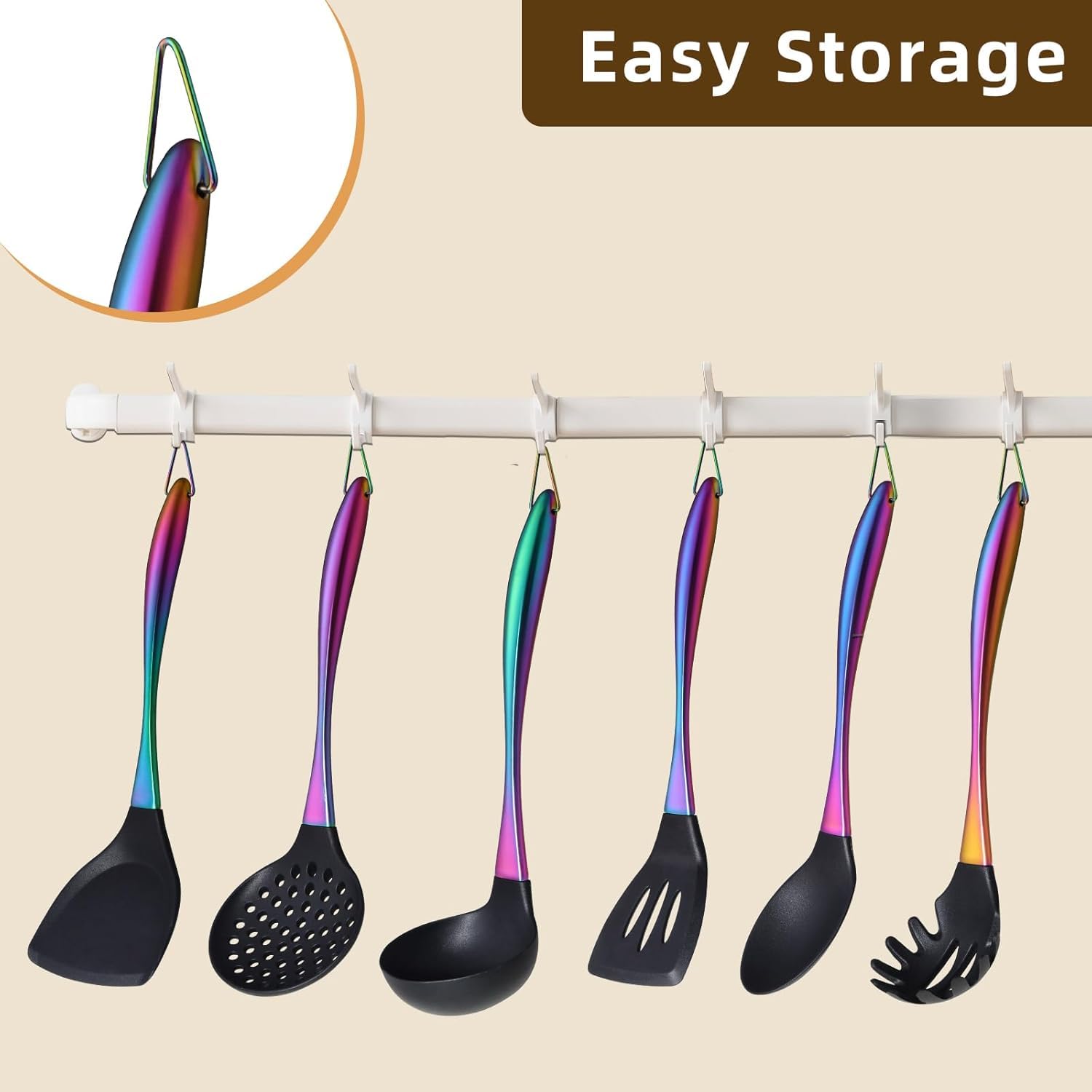Juego de utensilios de cocina de silicona, 6 piezas de utensilios de cocina de silicona, utensilios de cocina antiadherentes, mango de acero inoxidable de titanio con soporte para utensilios,