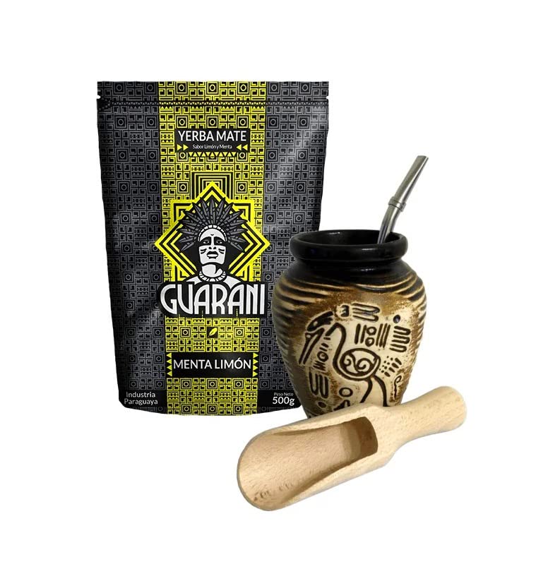 Guarani Yerba Mate Tea Set | Natural Strong Energy Drink | Mate Tea Complete Set | Begginer's Kit | Yerba Mate GUARANI Mint & Lemon 500g | Ceramic Bird Cup Gourd 300ml | Stainless Bombilla