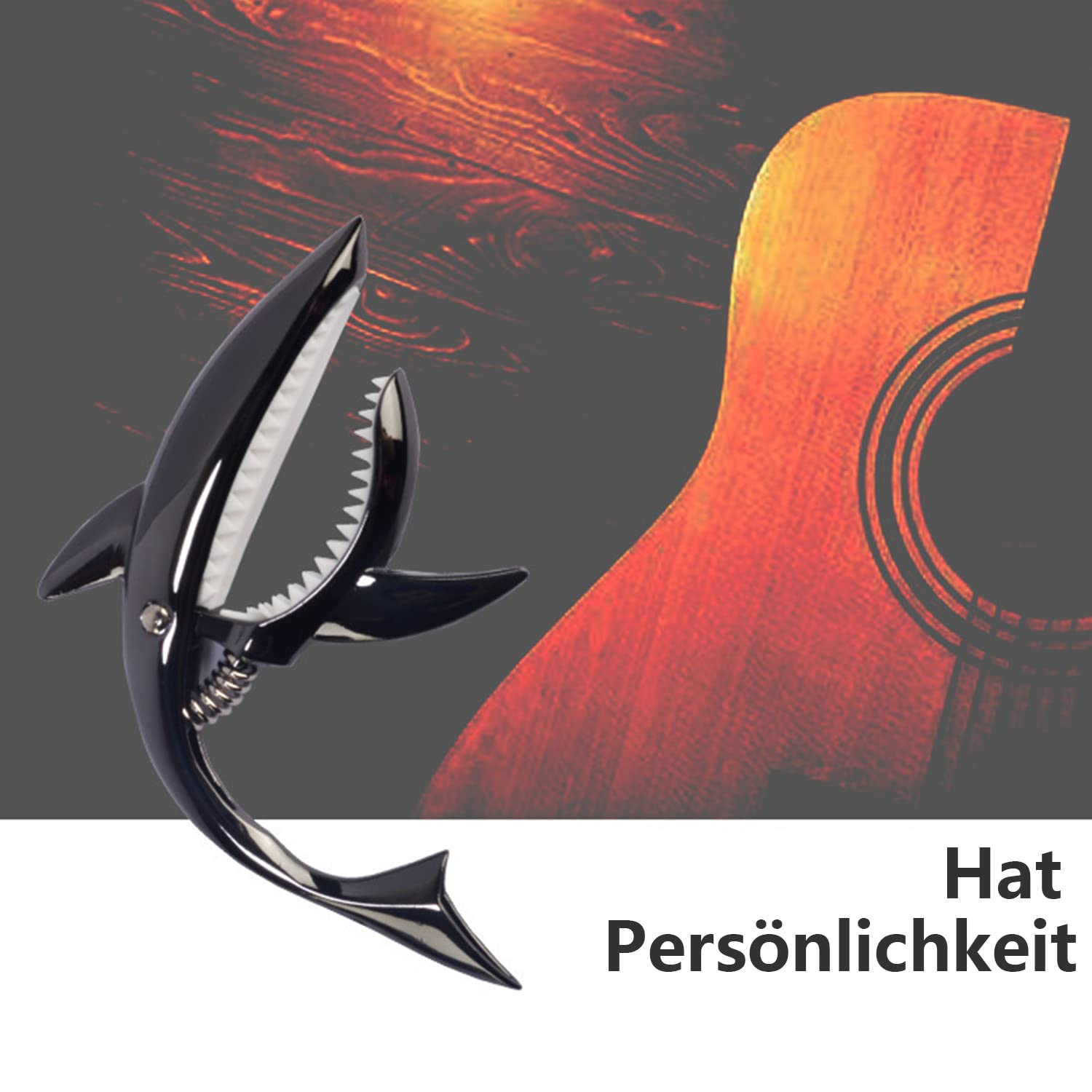 GERUI Capodastre requin en alliage de zinc pour guitares acoustiques et électriques, ukulélé 6 + 12 cordes avec une bonne prise en main, sans fret buzz et durable, design requin (noir)