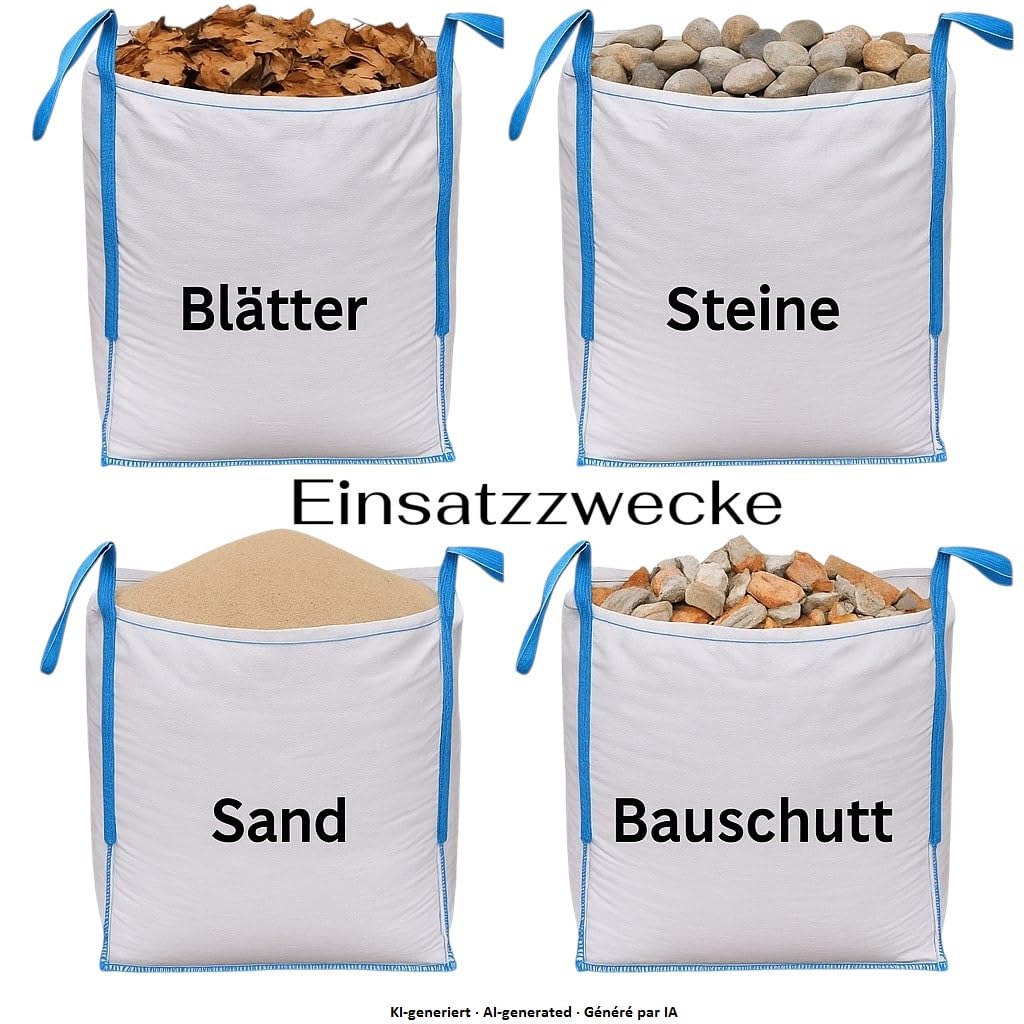 5 Stück Big Bags, 90x90x90 cm, 1.000 kg Tragkraft, 4 Schlaufen | Bauschuttsäcke, Für Bauschutt, Holz, Gartenabfall, Sand, Steine, B Teurobrecher