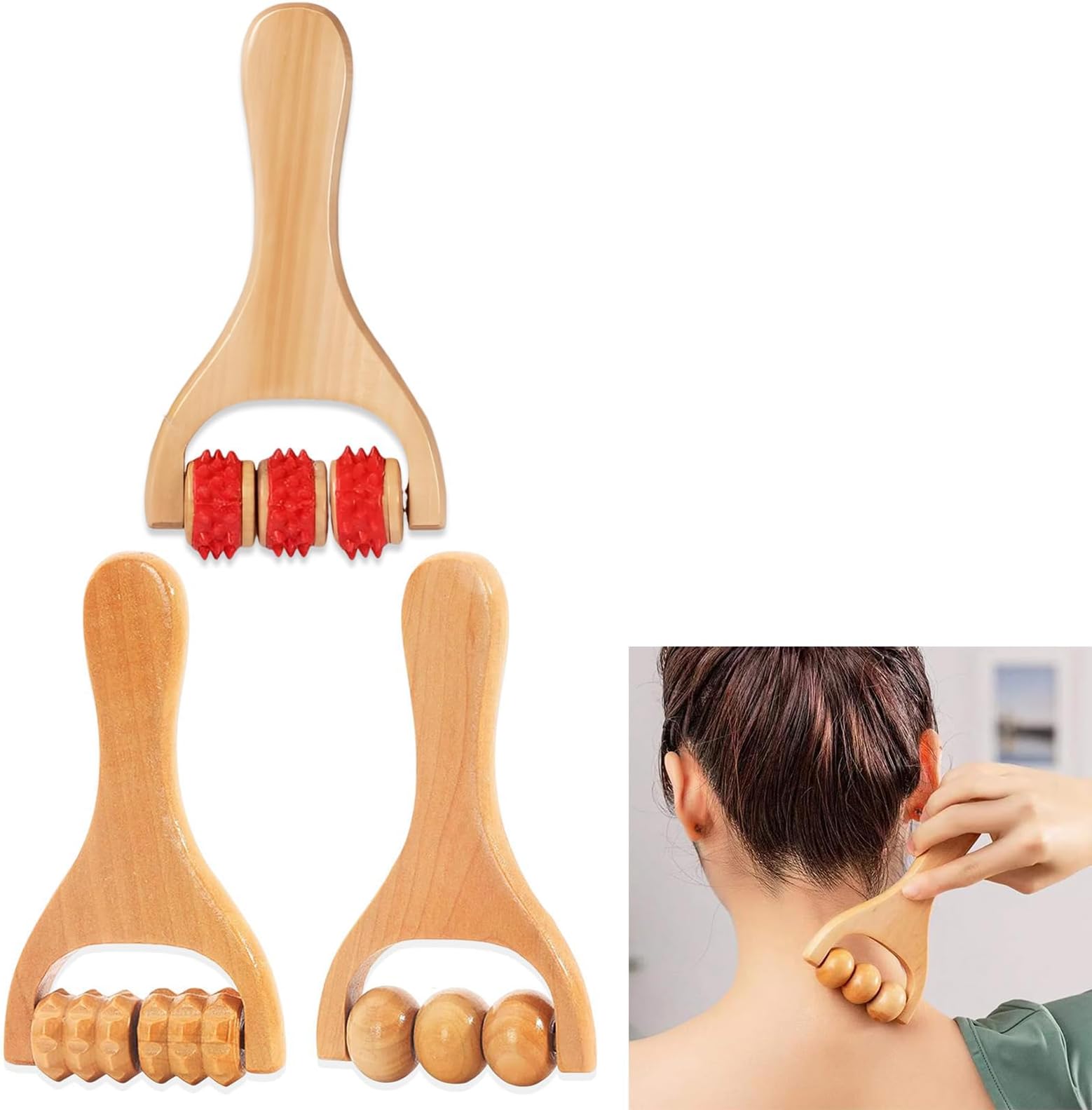 3 Wooden Massage Rollers, Back Massage Tool for Muscle & Abdomen Relief, Cellulite Treatment (Brown)