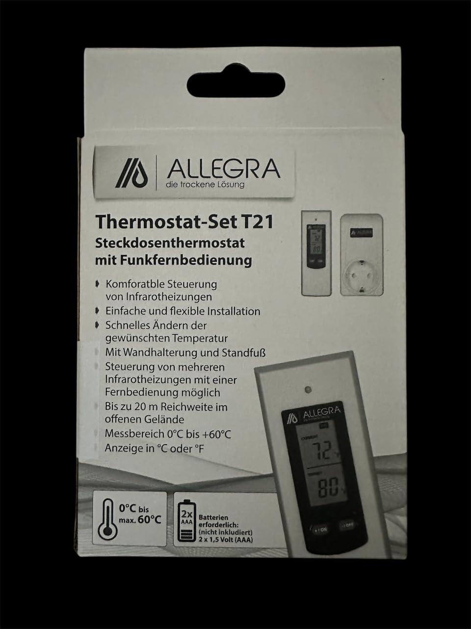 ALLEGRA Termostat do gniazdka elektrycznego, termostat wtykowy, czujnik mrozu, termostat radiowy do ogrzewania na podczerwień, termowentylator grzewczy, klimatyzacja, radiowy regulator temperatury z pilotem zdalnego sterowania (T21)