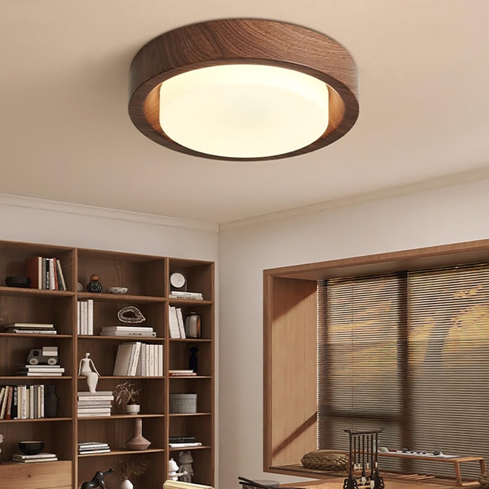Lampy Sufitowa LED Okrągła Styl Drewna Nowoczesna, Plafon Regulowane Oświetlenie Sufitowe Pełne Widmo Sypialnia Korytarz(Walnut,33cm/12.99in)