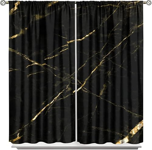 Miniatura 7 de Cortinas de cocina de mármol negro dorado y moderno, diseño retro y moderno, con estampado de textura de mármol, bolsillo para barra, cortinas de