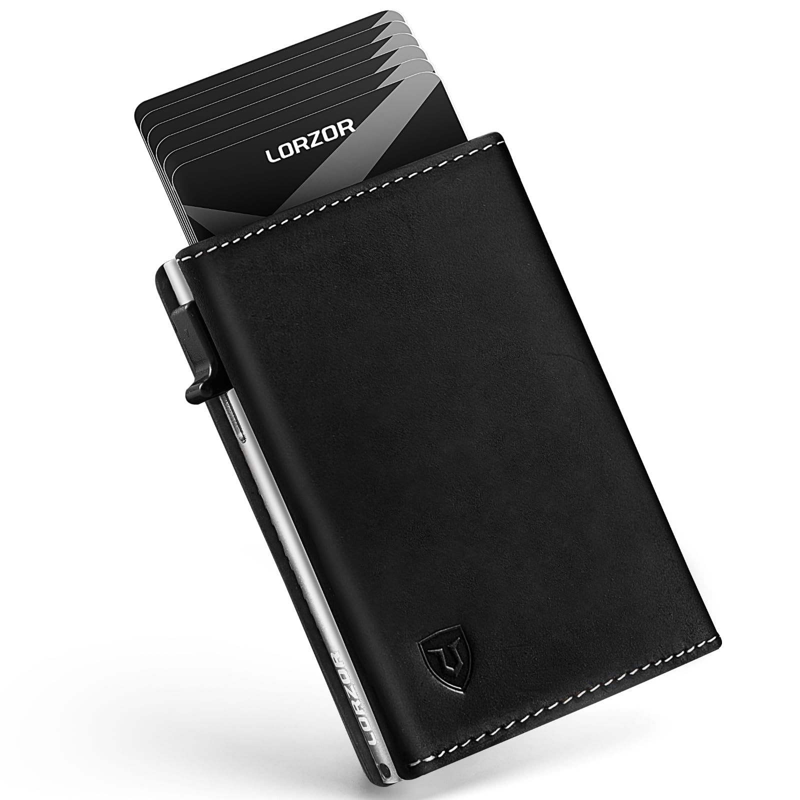 Wallet for Men with Metal Card Holder, Pop Up Wallet, Finest Full Grain Leather Trifold Wallet, Smart, Minimalist, RFID Blocking, Front Pocket, ID Window, Black/Silver