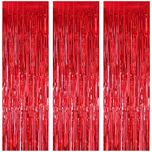 Image of PIKABOO Big 3ft x 6ft Red Foil Fringe Curtains Backdrop Door Window Curtain Party Decoration | Pack of 3