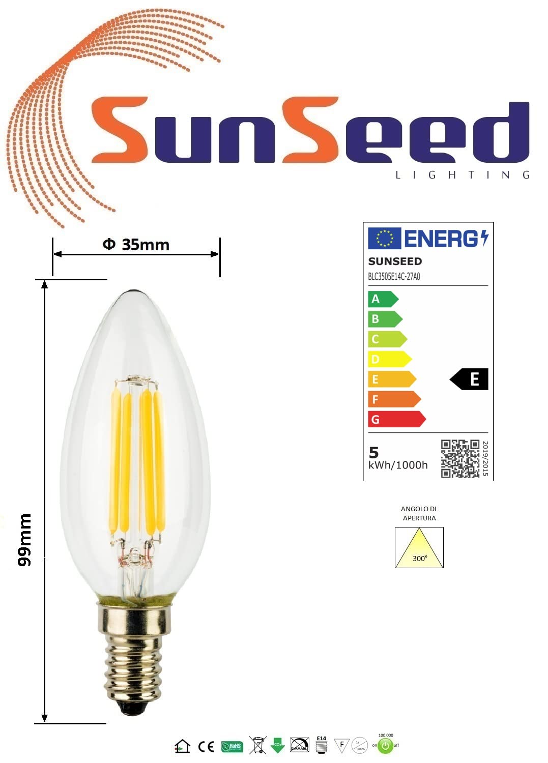 SUNSEED 4 X E14 5W (Equivalent to 48W) Sapphire Filament LED Candle Light Bulb C35 Warm White 2700K, Pack of 04 - Warm White 2700k - Image 4