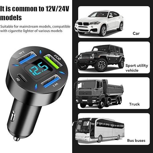 Miniatura 6 de Cargador de coche USB de 4 puertos, carga súper rápida de 66 W con QC 3.0, PD 20 W y adaptador de cargador USB 2.4A, carga rápida con voltímetro