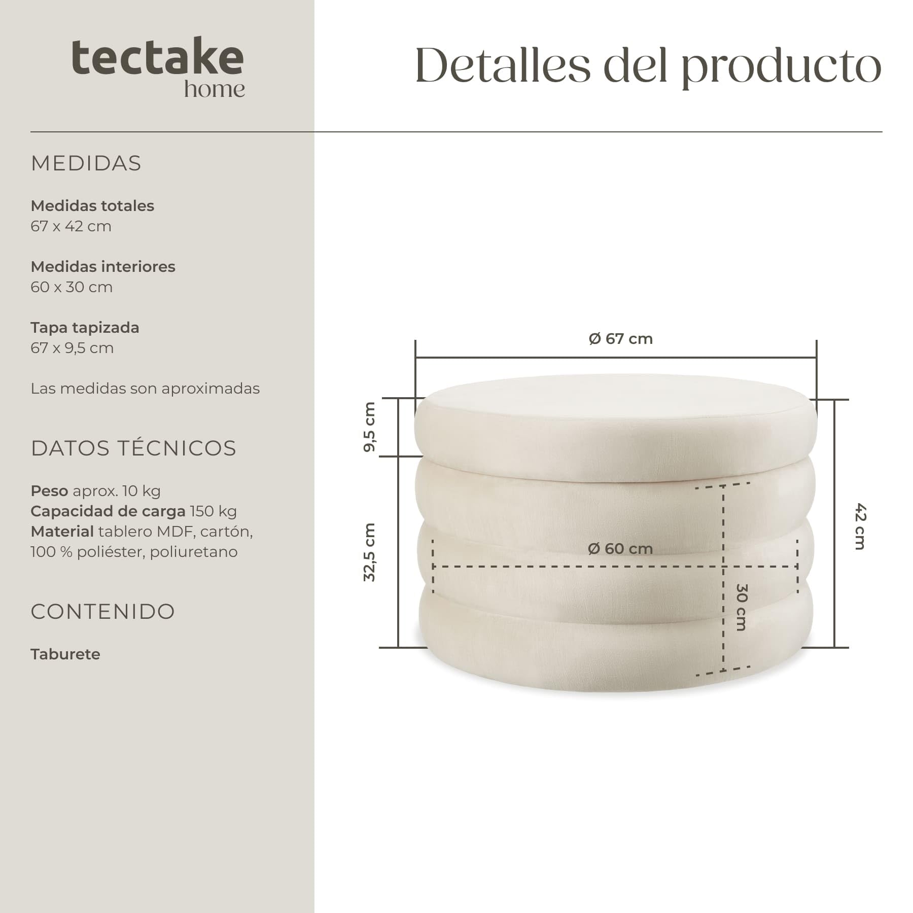 tectake® Taburete Almacenaje Bouclé, Carga: 150 kg, MDF, Puff Almacenaje, Taburete Dormitorio, Reposapies Puff, Zapatero Entrada Recibidor, Asiento Acolchado, Ideal Salón - 67 x 42 cm Blanco/Crema