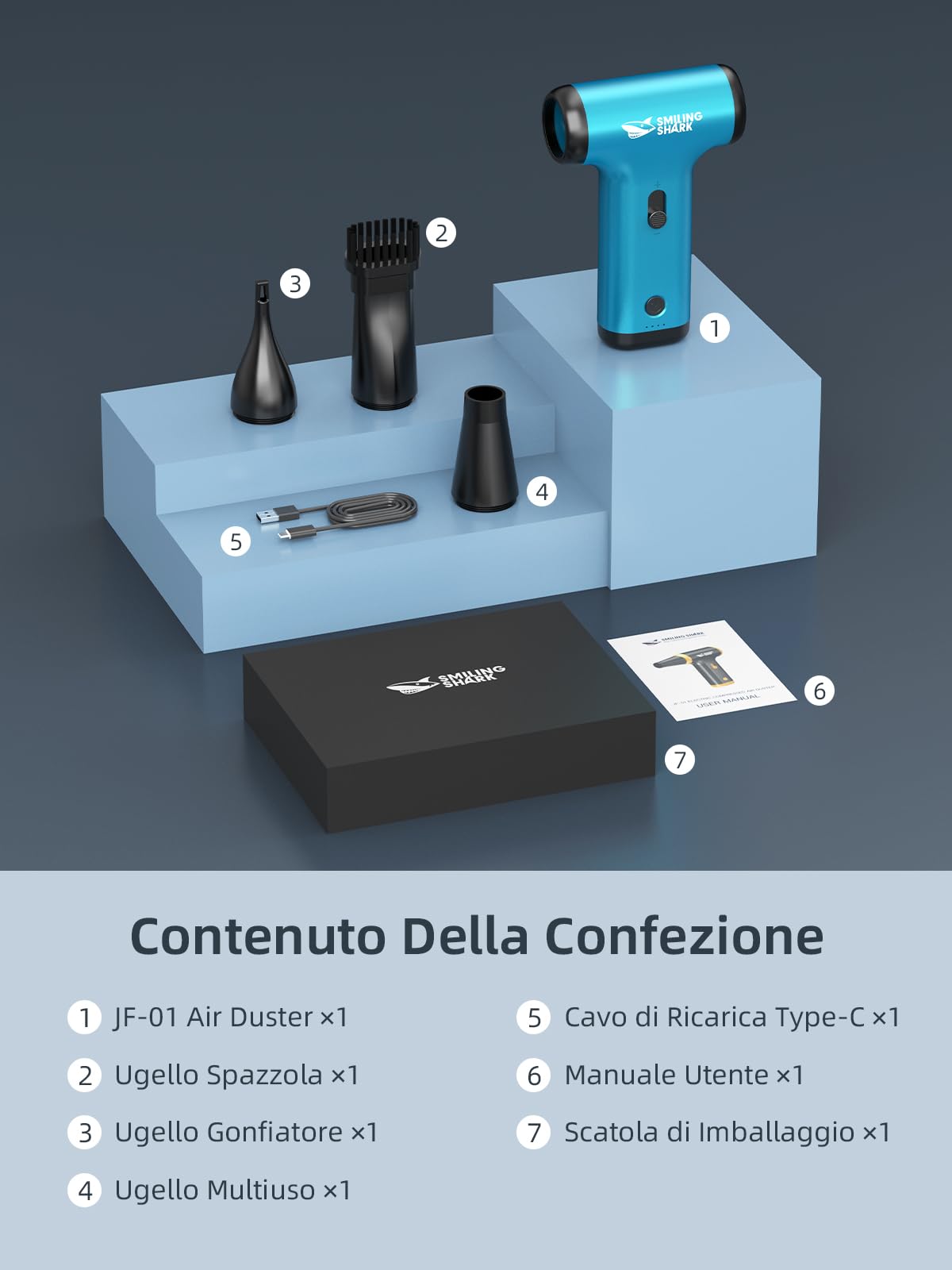 Smiling Shark Soffiatore ad Aria Compressa, JF-01 Vitesse Variabile 130000RPM Elettrico Rimuovi Polvere Senza Fili con Luce LED - Air Duster per Kit Pulizia PC/Tastiera/Auto/Divano/Camping, Blu
