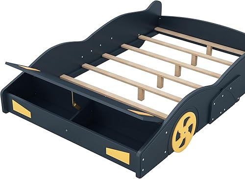 Miniatura 4 de Polibi Cama de plataforma en forma de auto de carreras de tamaño matrimonial con ruedas de almacenamiento y decorativas, marco de cama matrimonial