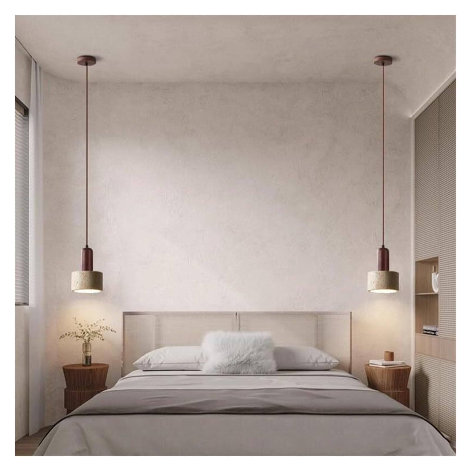 Suspension, mini-cylindre en pierre naturelle, suspension en bois de noyer, travertin, luminaire suspendu for îlot de cuisine for salle à manger, chambre à coucher, restaurant(15cm)