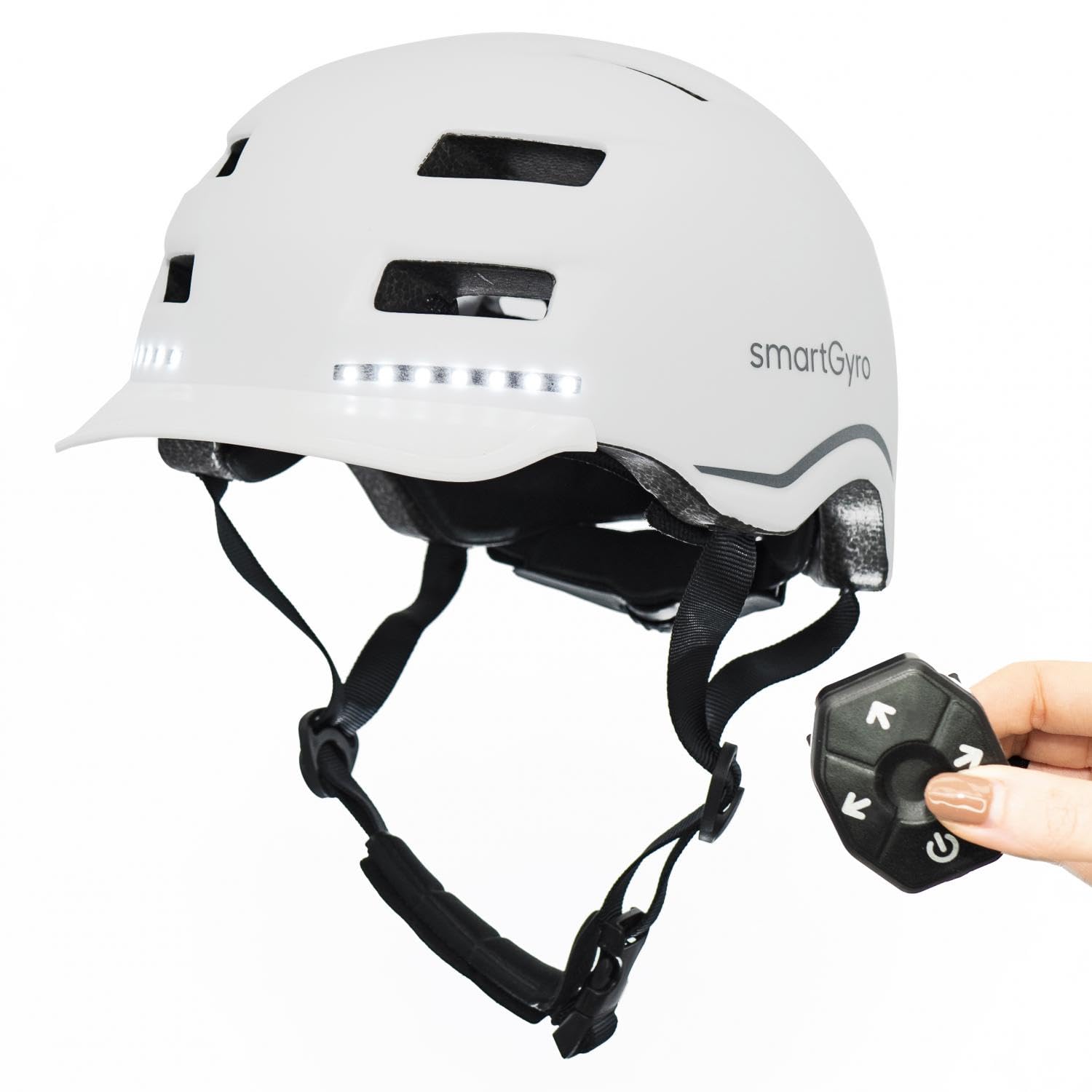smartGyro Smart Casco, Casco Smart PRO con Luce di Frenata Automatica, Indicatori di Direzione, Altoparlanti, Bluetooth, EPS + PC, Batteria, Visiera Anteriore, Led Anteriori e Posteriori, M, Bianco
