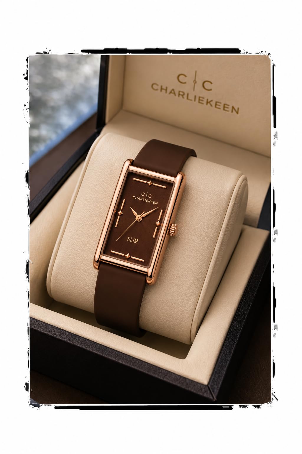 charliekeen Slim Rectangular Watch with Brown Silicone Strap-picture-15