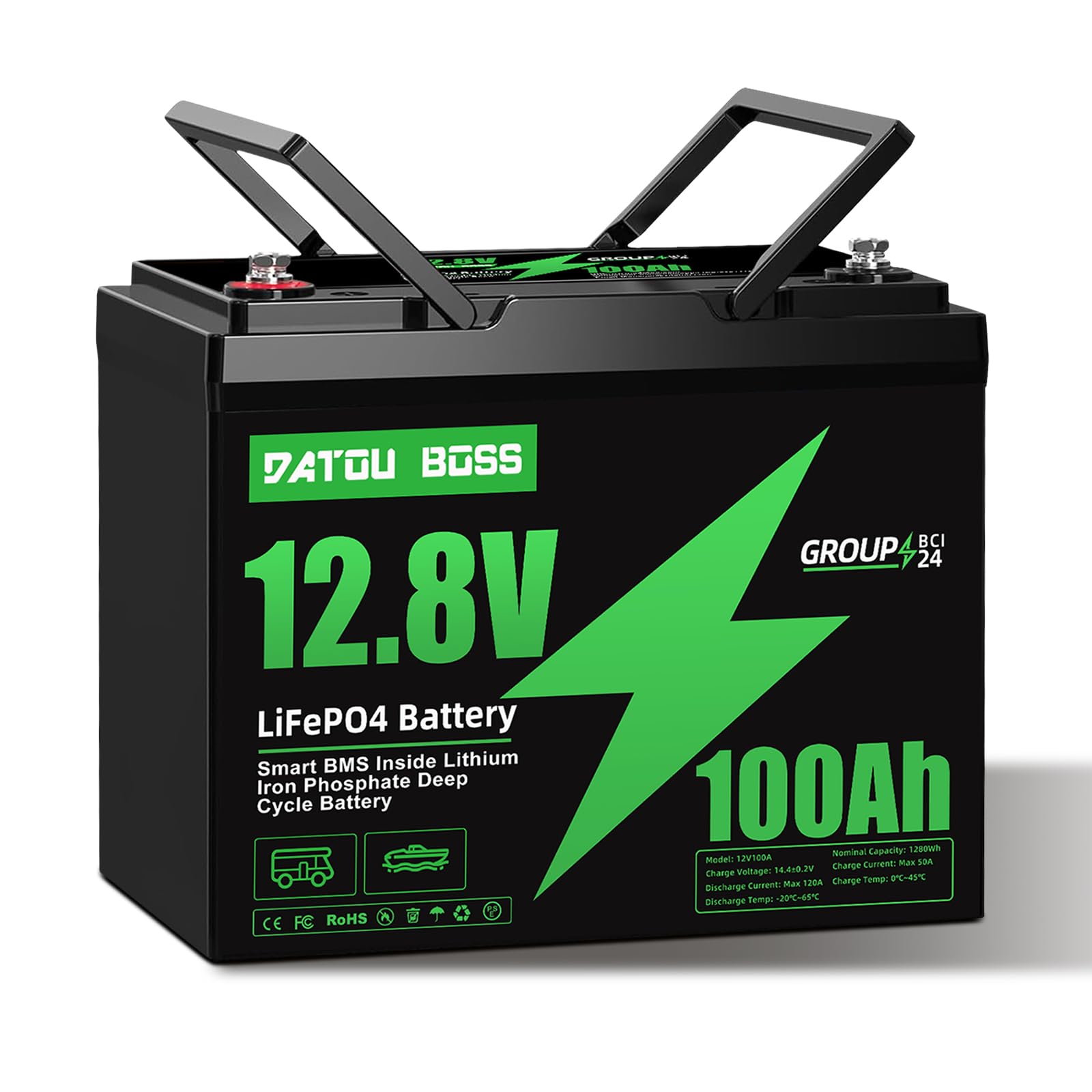 DATOUBOSS Batteria Litio 12V 100Ah, Batteria lifepo4 100ah con BMS 100A，Protezione a Basse Temperature, per Nautica, Caravane, Camper, Trolling Motors, Impianti Solari off-grid (12V-100AH-1PC)