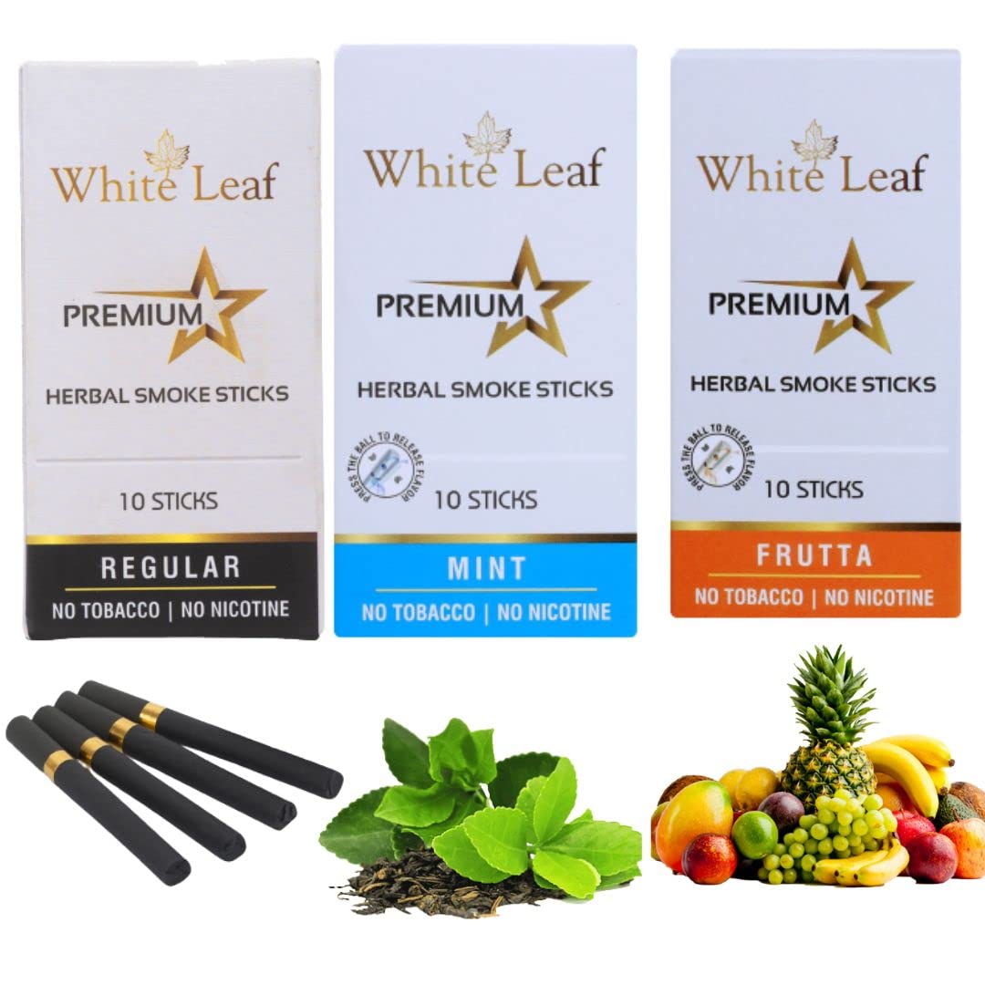 White Leaf Premium Herbal Smokes Cigarettes - Tobacco and Nicotine Free Combo Pack of Regular, Mint & Frutta Smoke (30 Sticks)-image-26