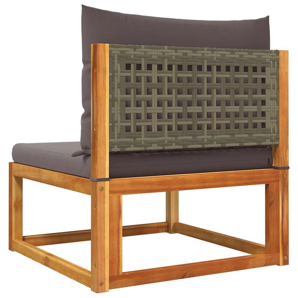 Sofa ogrodowa bez podłokietników z poduszkami z litego drewna akacjowego i szarego rattanu PE, 65 x 65 x 65 cm, sofa outdoorowa do ogrodu, na taras, balkon, wygodna sofa tarasowa z poszewką