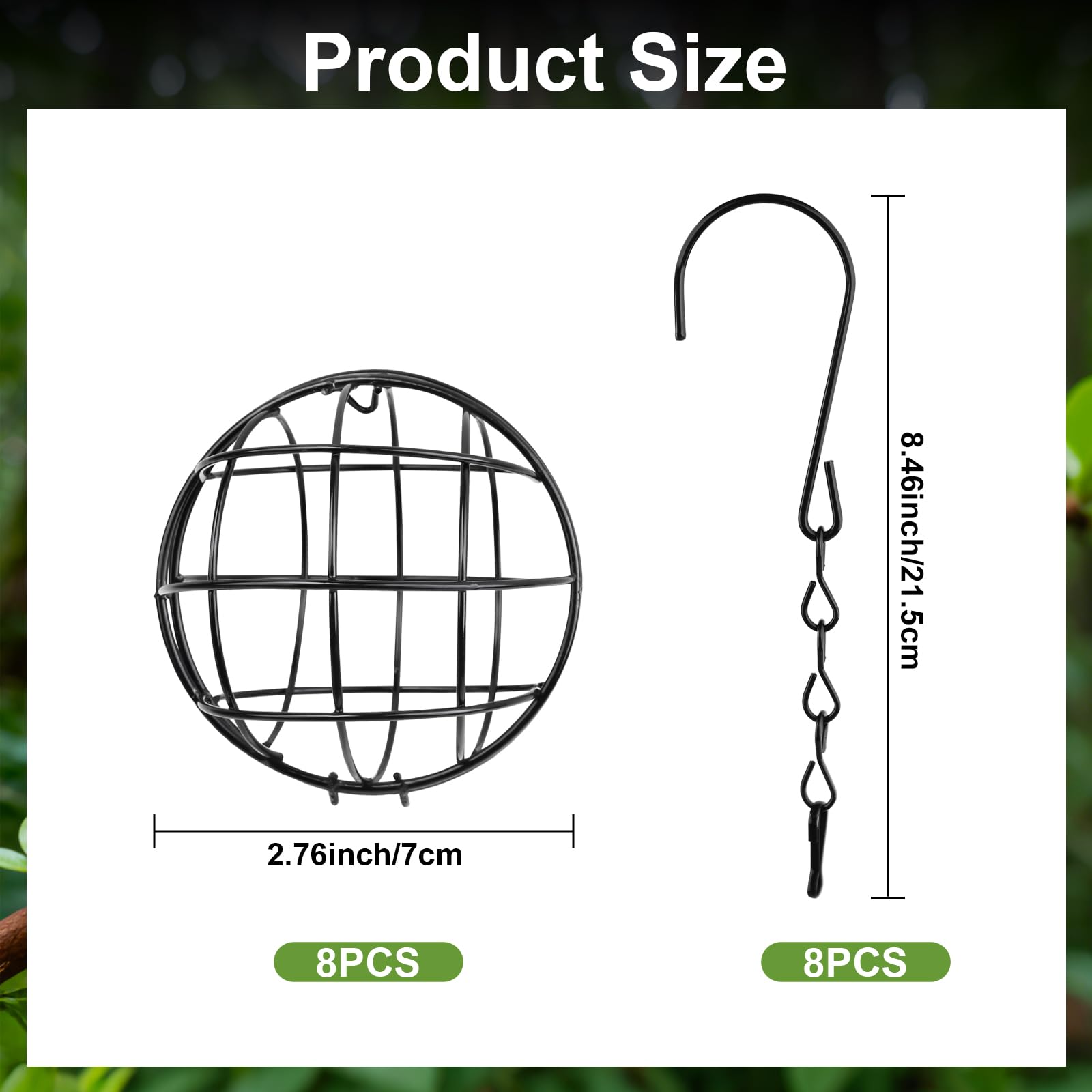 Soporte para bolas de masa para pájaros, 8 unidades, 7 cm, metal para pájaros, comedero para pájaros, soporte para bolas de carbonero, soporte para bolas de maíz con gancho para colgar para aves
