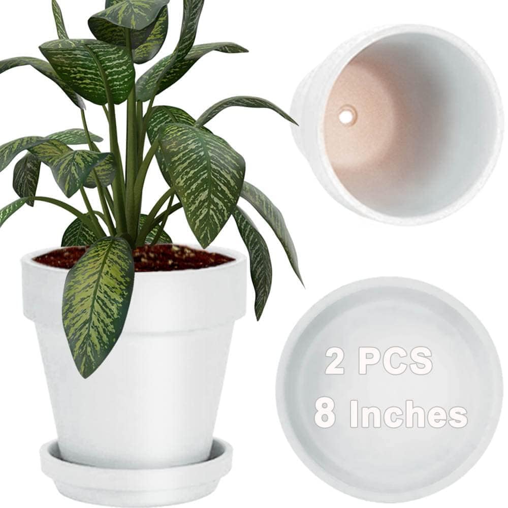 vensovo 20CM White Clay Pot for with Saucer - 2 Pack Large Terra Cotta Plant Pot with Drainage Hole, Flower Pot with Tray, Terracotta Pot for Indoor Outdoor