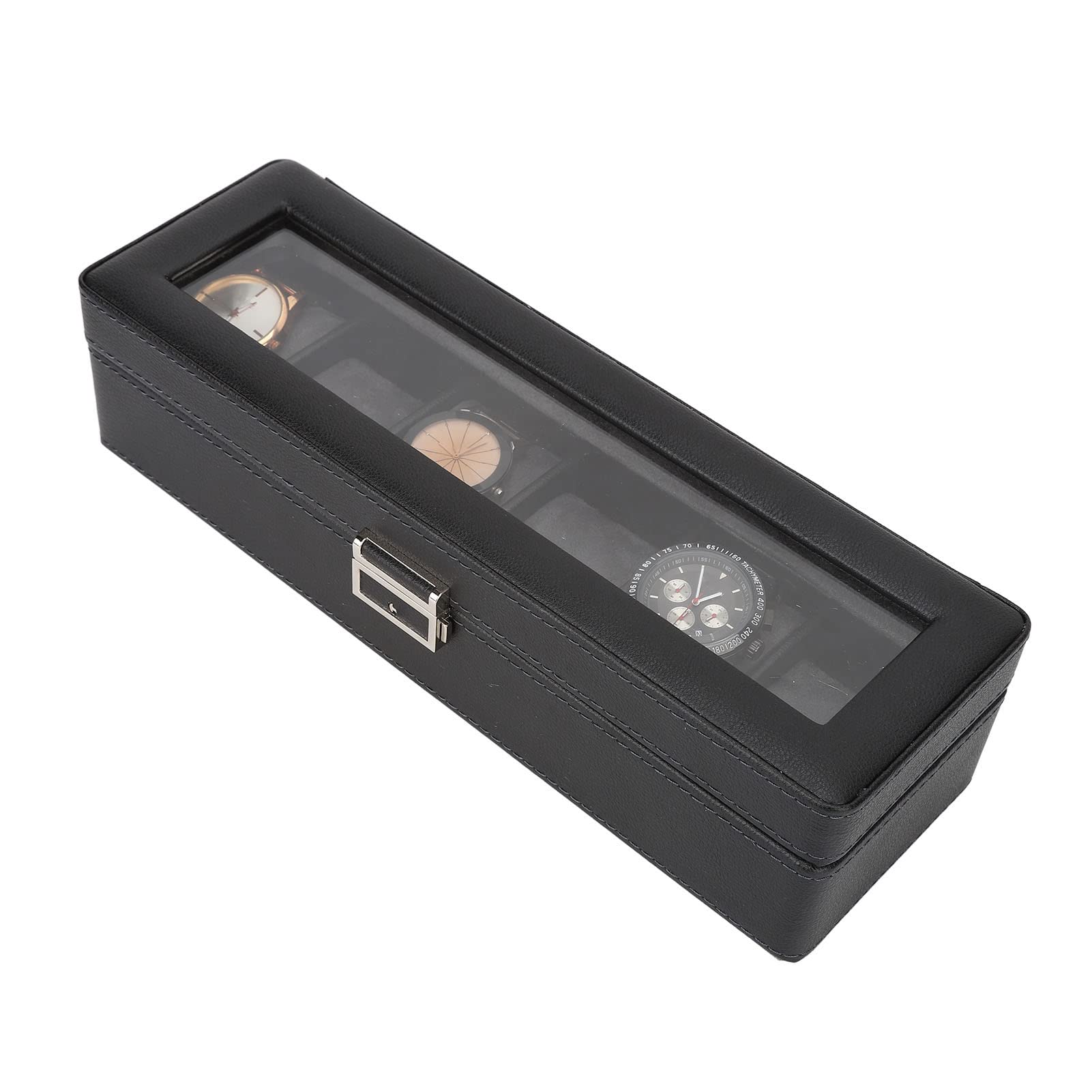 Uhrenbox mit 6 Fächern und Glasdeckel, einlagiges Schmuckaufbewahrungsgehäuse für Uhren, transparente Display-Box mit PU-Leder-Oberfläche für Wohndekor und Reisen