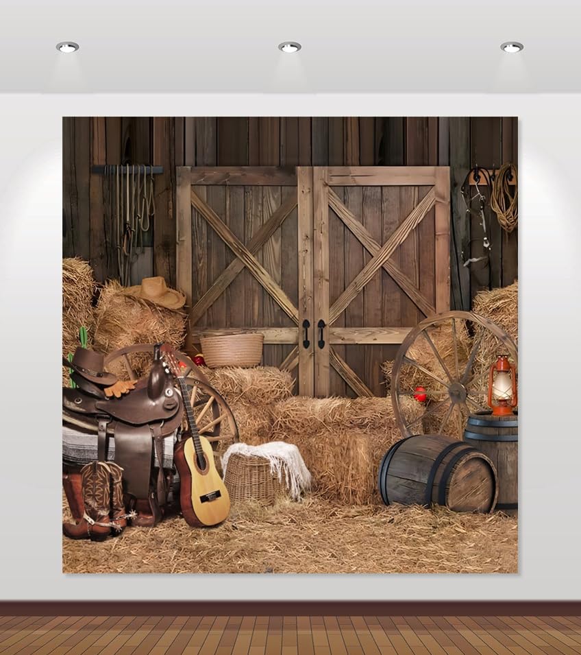 Western Cowboy Backdrop 8x8ft for Photoshoot Western Party Decorations Banner Wild West Country Farm Barn Door Vintage Saloon Rustic Warehouse