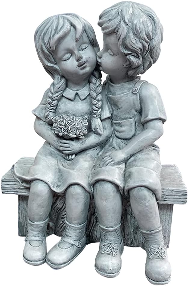 Boy Kissing Girl Statue Sitting on Bench Figurine, Puppy Love Kissing Couple Durable Home Ornament for Lover Birthday Present Art Collection Outdoor Lawn Yard Patio