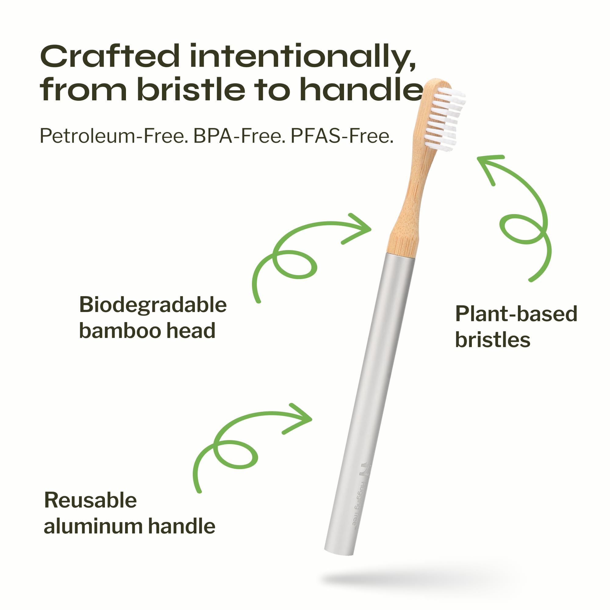Spazzolino da denti naturale ecologico | Manico in alluminio riutilizzabile, testine in bambù sostituibili, senza mircoplastiche, 100% setole a base vegetale