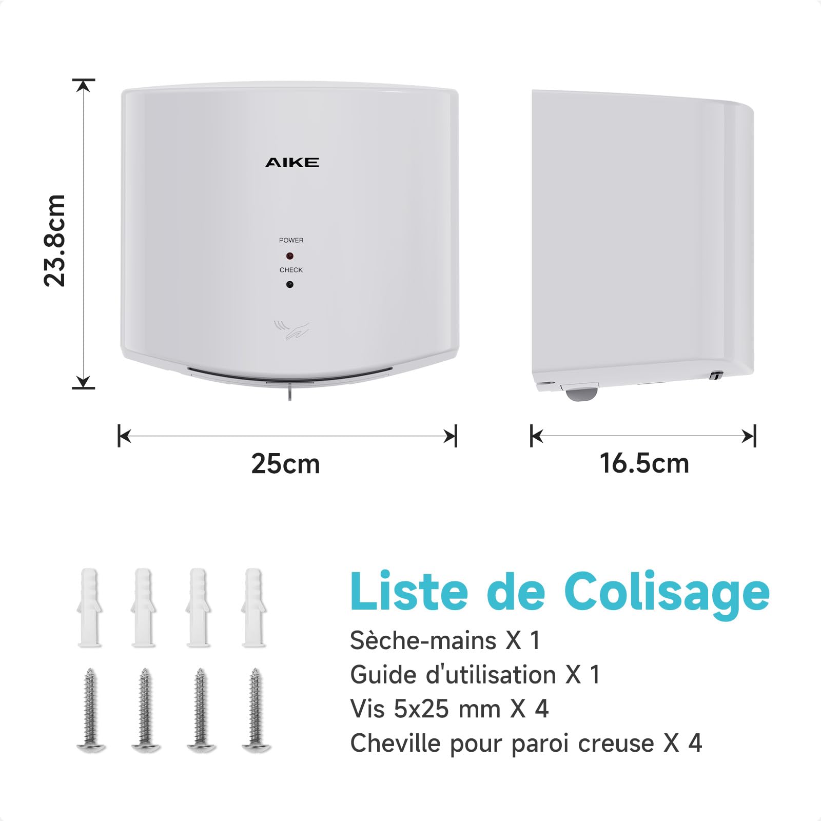 AIKE Air Wiper Sèche-Mains Compact, Séchage Rapide, 1400W 220V, Branchez & Utilisez, sans Papier & sans Contact pour Sanitaires Publics, AK2630S (Blanc)