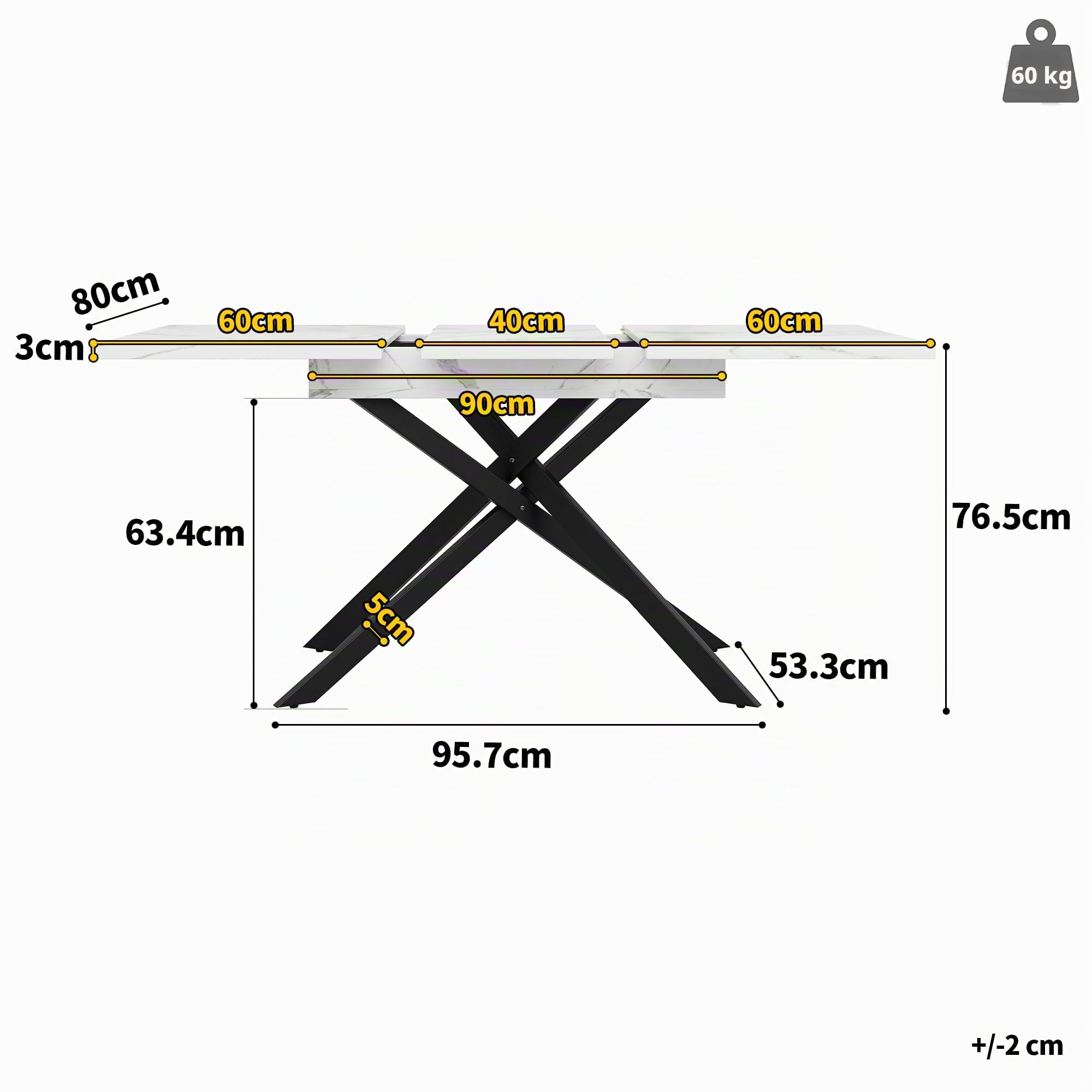 Mesa de comedor telescópica (120-160 cm), mesa de comedor extensible, ahorra espacio, patas de hierro cruzadas negras, para cocina y salón, mesa de mármol blanco (blanco, 120-160 x 80 x 76,5 cm)