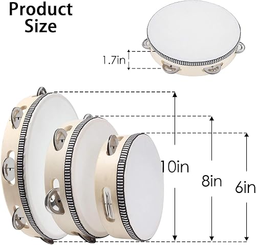 Miniatura 5 de Pandereta de mano, 3 unidades, 6, 8, 10 pulgadas, percusión de tambor de madera de pandereta, pandereta musical educativa, instrumentos de orff,