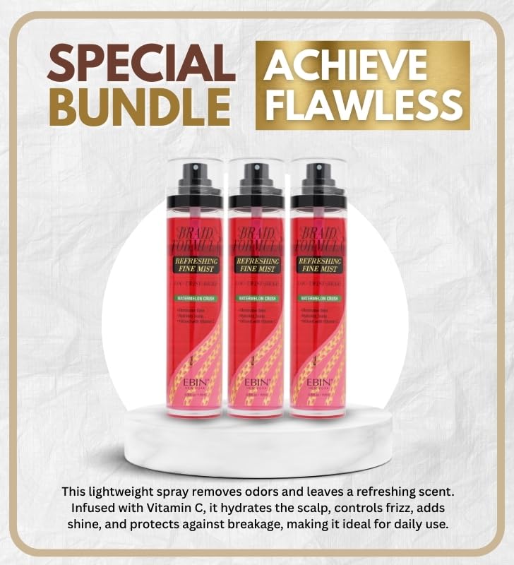 EBIN NEW YORK 3x Braid Formula Refreshing Fine Mist - Lightweight Hydrating Hair Spray with Shine, Odor Control, and Invigorating Scents for Braids, Locs, Styles bundle –Gift Set (3 Items)