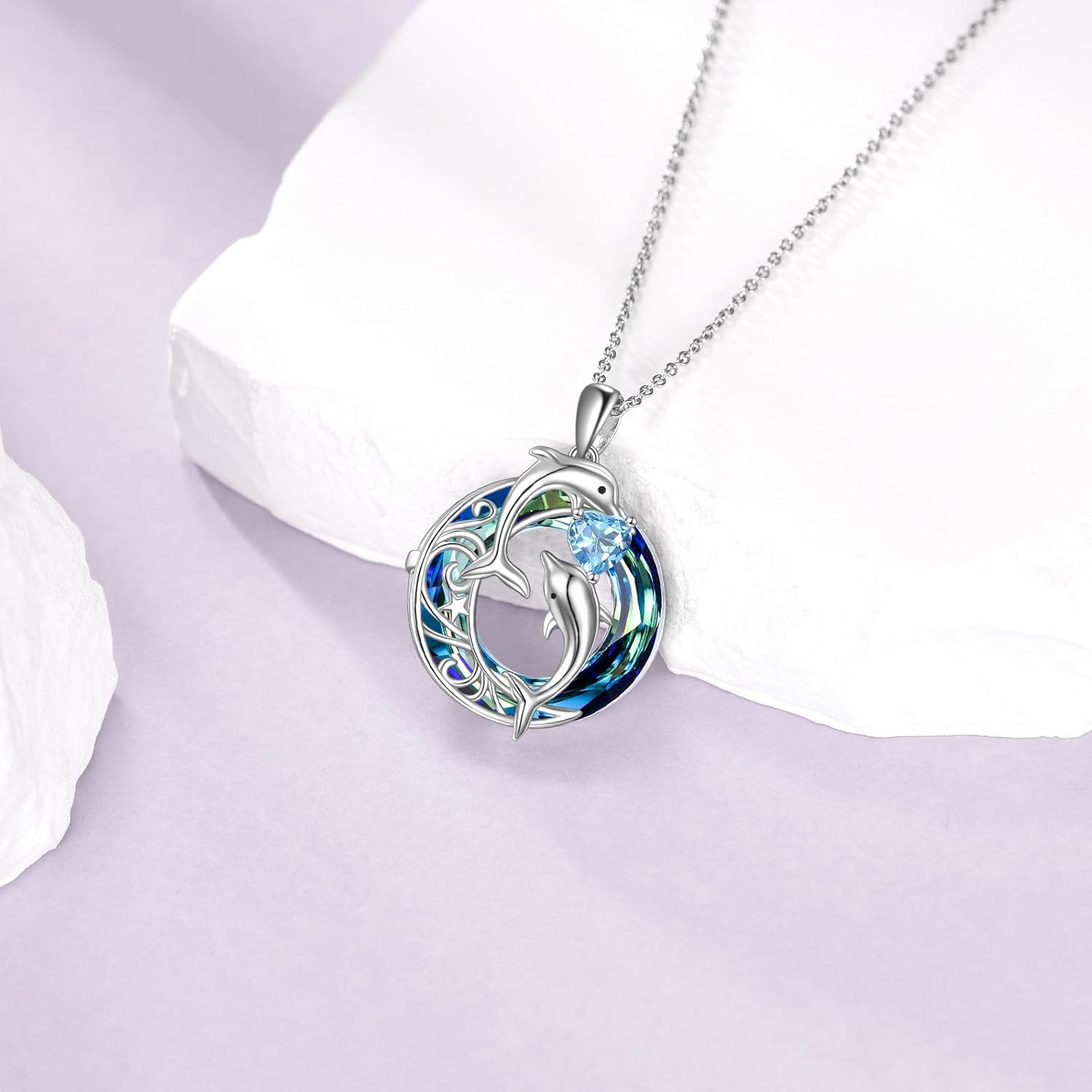 Heart-Cut Topaz Double Dolphin Necklace for Women, 925 Sterling Silver Blue Crystal Dolphin Pendant Necklace,Ocean Jewelry Gift For Anniversary Birthday Graduation for Girlfriend Wife 18+2" - Image 2