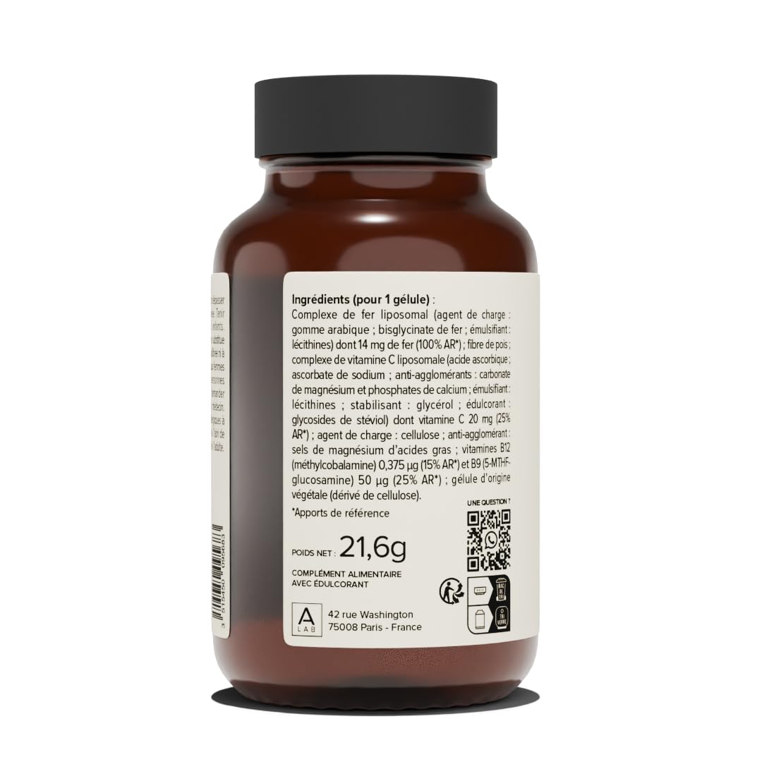 A-LAB Fer Liposomal 14 mg -Assimilation Renforcée - Complément Alimentaire Anti-Fatigue, Immunité, Carence, Energie - 60 jours de prise, Fabriqué en France