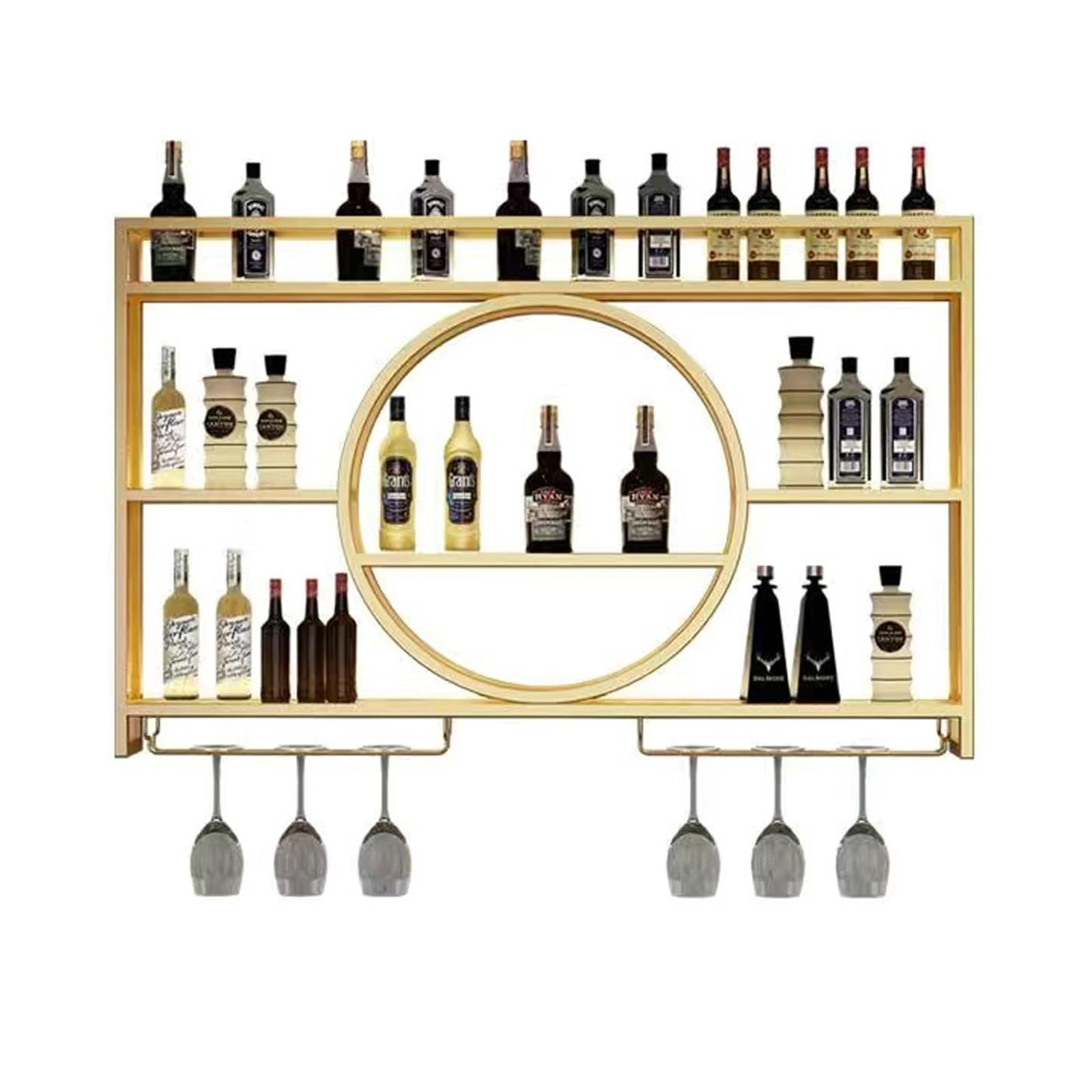 Botellero de metal montado en la pared con luz LED, elegante estante para licor para botellas de vino y copas, perfecto para decoración del hogar, bar y comedor