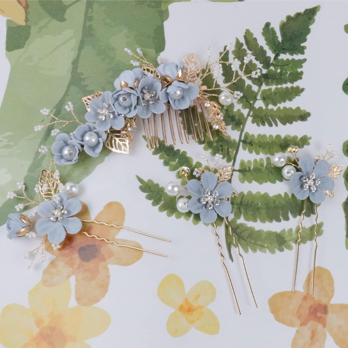 4 Pieces Bridal Flower Wedding Hair Comb Rhinestones Crystal Floral Hair Pins Hair Clips Wedding Hair Accessories Hair Jewelry for Brides Bridesmaids Women Girls(Blue) - Image 7