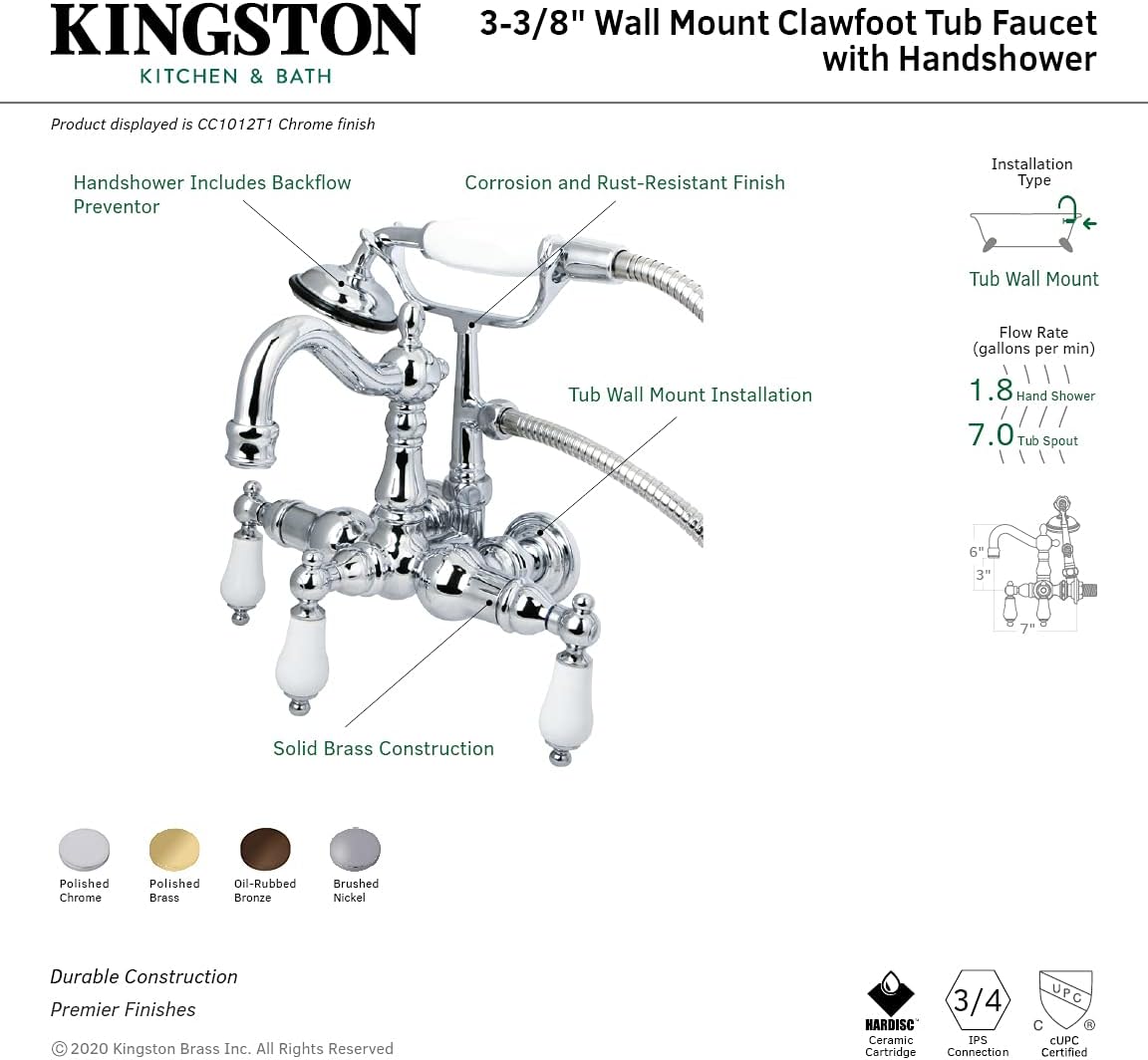 Kingston Brass CC1011T5 Vintage 3-3/8-Inch Wall Mount Tub Faucet, Oil Rubbed Bronze