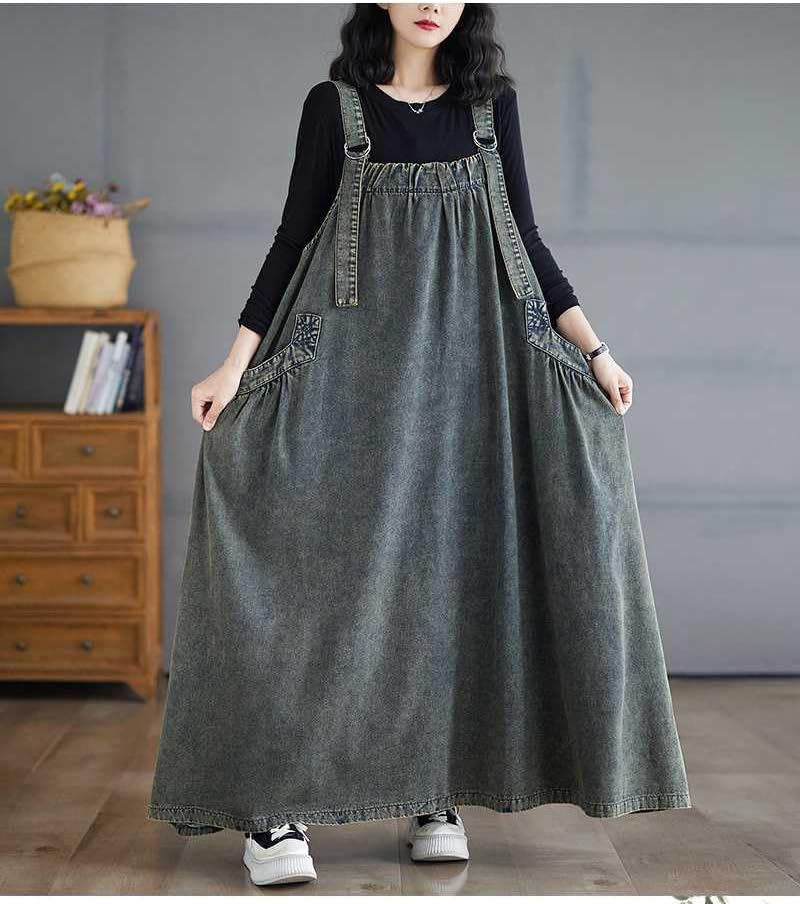 Boho Jumper Dress for Women Loose Overall Pinafore Dresses Adjustable Straps Wide Hemline with Pockets Baggy Style - Image 3